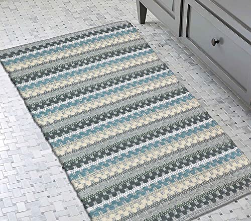 Image of THE HOME TALK Handmade Cotton Door Mat | Water-Absorbent | for Bathroom, Entrance Door, Kitchen, Entry Gate, Living Room | Machine Washable | Anti-Skid | 20 x 32 Inch | Aqua