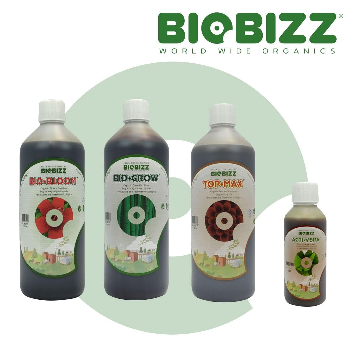 Pack d'engrais Biobizz: Bio Grow + Bio Bloom + Top Max en bouteilles de 1 litre et Acti-vera en 250ml