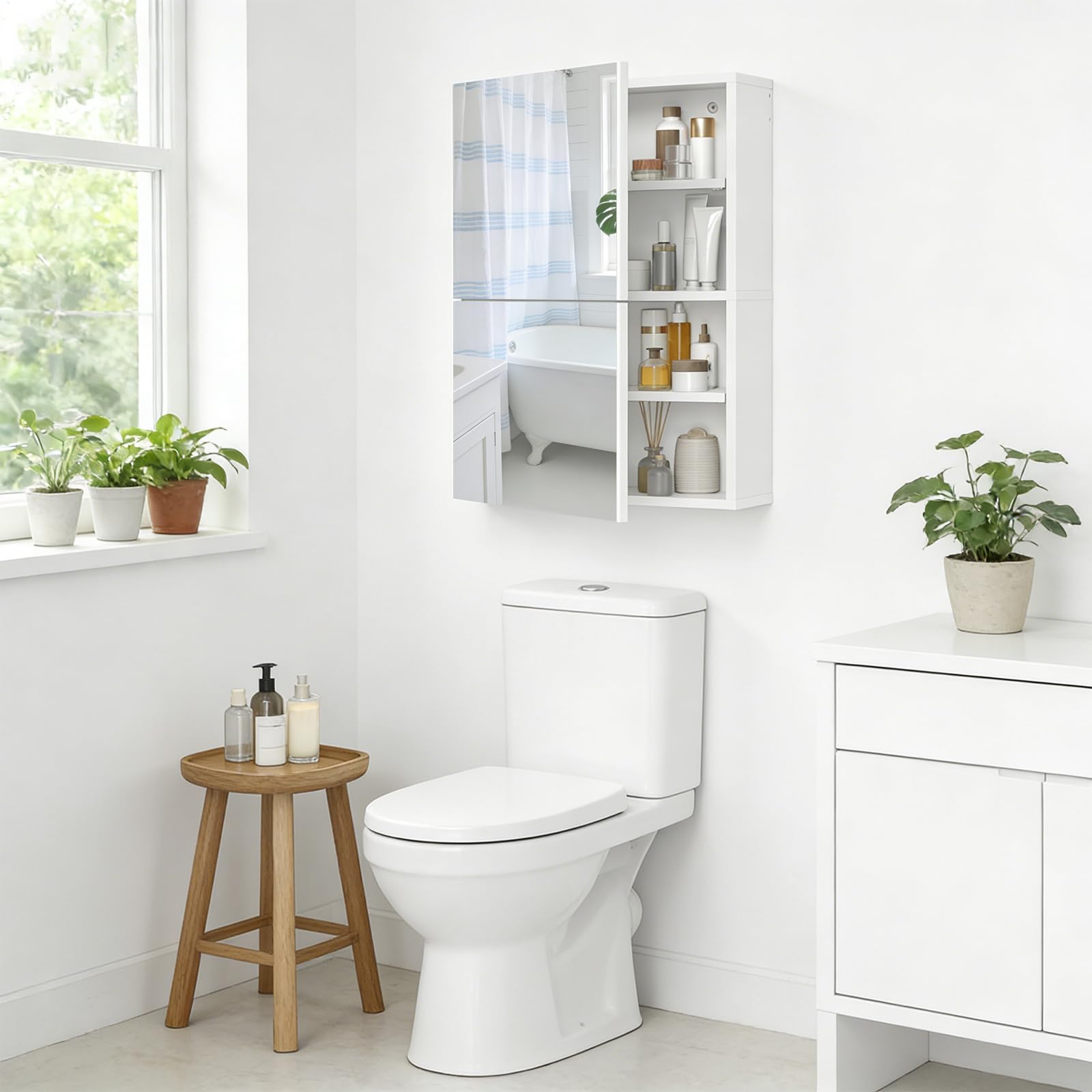 MAHANCRIS Armadietto Bagno Pensile con Doppio Specchio | Mobile Contenitore da Parete con 2 Ripiani Regolabili, per Ingresso, Soggiorno e Camera da Letto, Bianco AWCWT4101