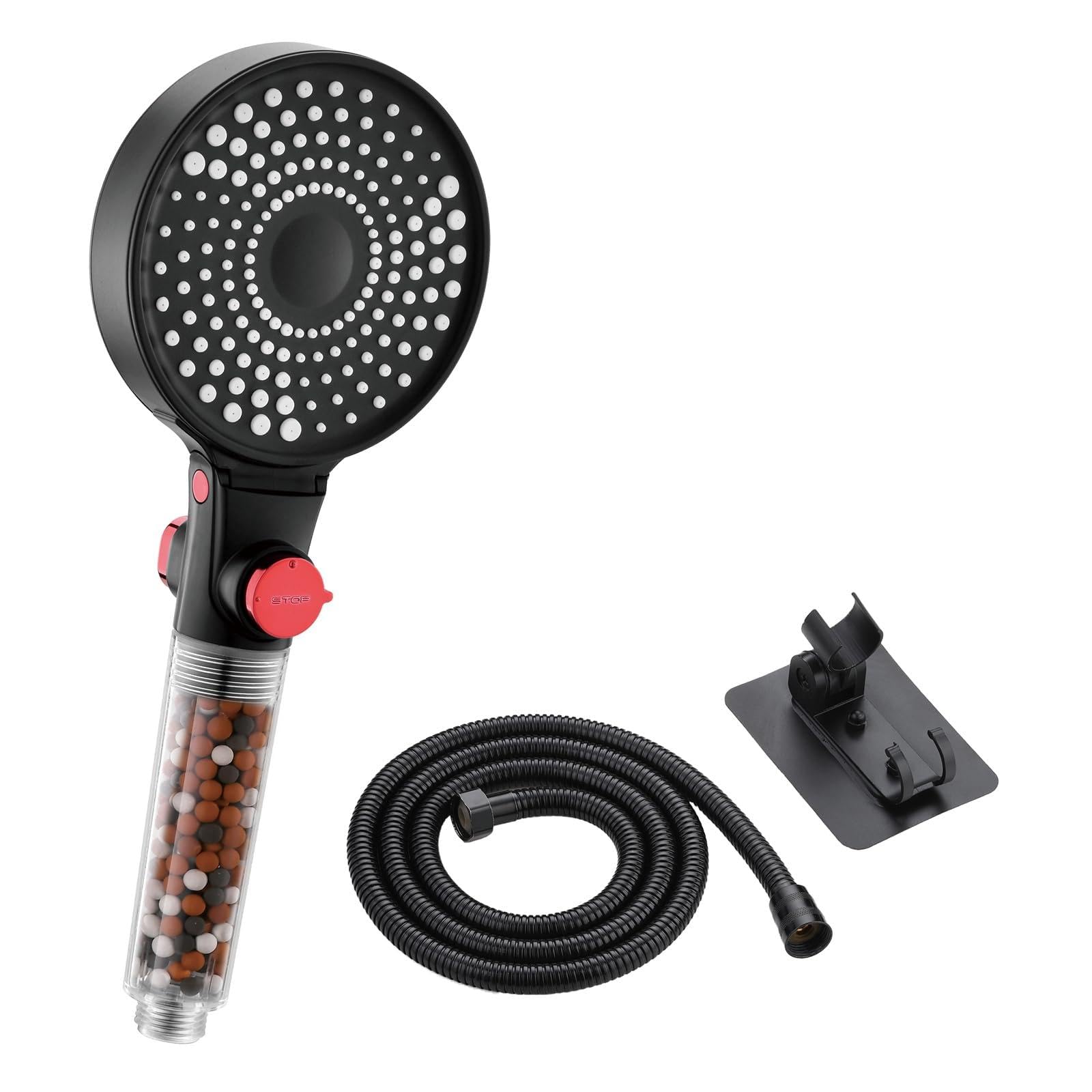 Vyrnexa Soffione doccia | 3 tipi di getto (pioggia/massaggio/mix) | regolazione della pressione dell'acqua | con pietra filtrante contro calcare e cloro | plastica ecologica (Tocco Stop – con tubo)