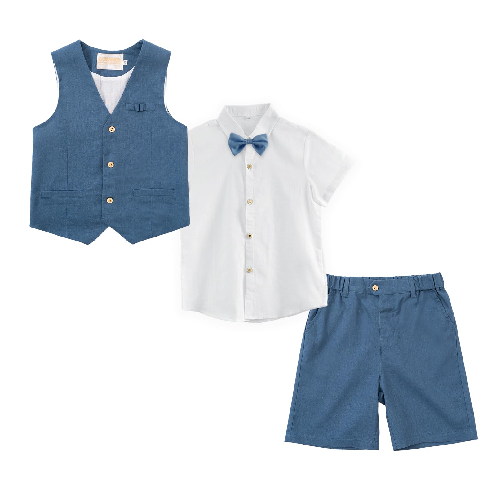 LOLANTA Kinder Leinenanzug Sommer Anzug mit Weste Shorts Set Fliege