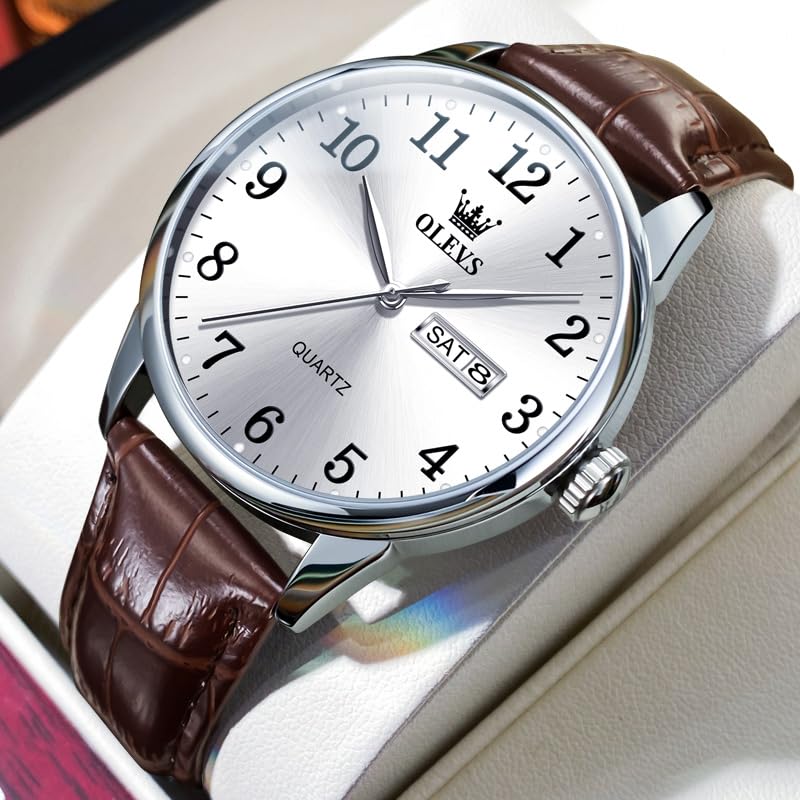 Image of OLEVS Men Watches Dress Waterproof Leather Band Classic Large Face Luxury Watches for Men Casual Fashioned Nice Analog Watch Men Day Date Easy Reader Quartz Original Business Adjustable Watches Men