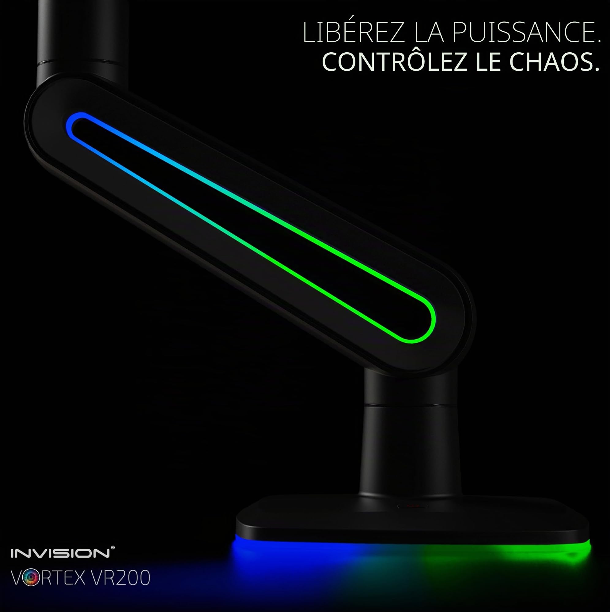 Invision VORTEX Bras Moniteur Gaming pour Écrans 27 à 57 pouces | Courbes et Ultra-Larges | Alimentation USB 5 V | Éclairage LED RGB Intégré à 14 Modes | Charge Maximale : 3 à 18 kg (VR200)