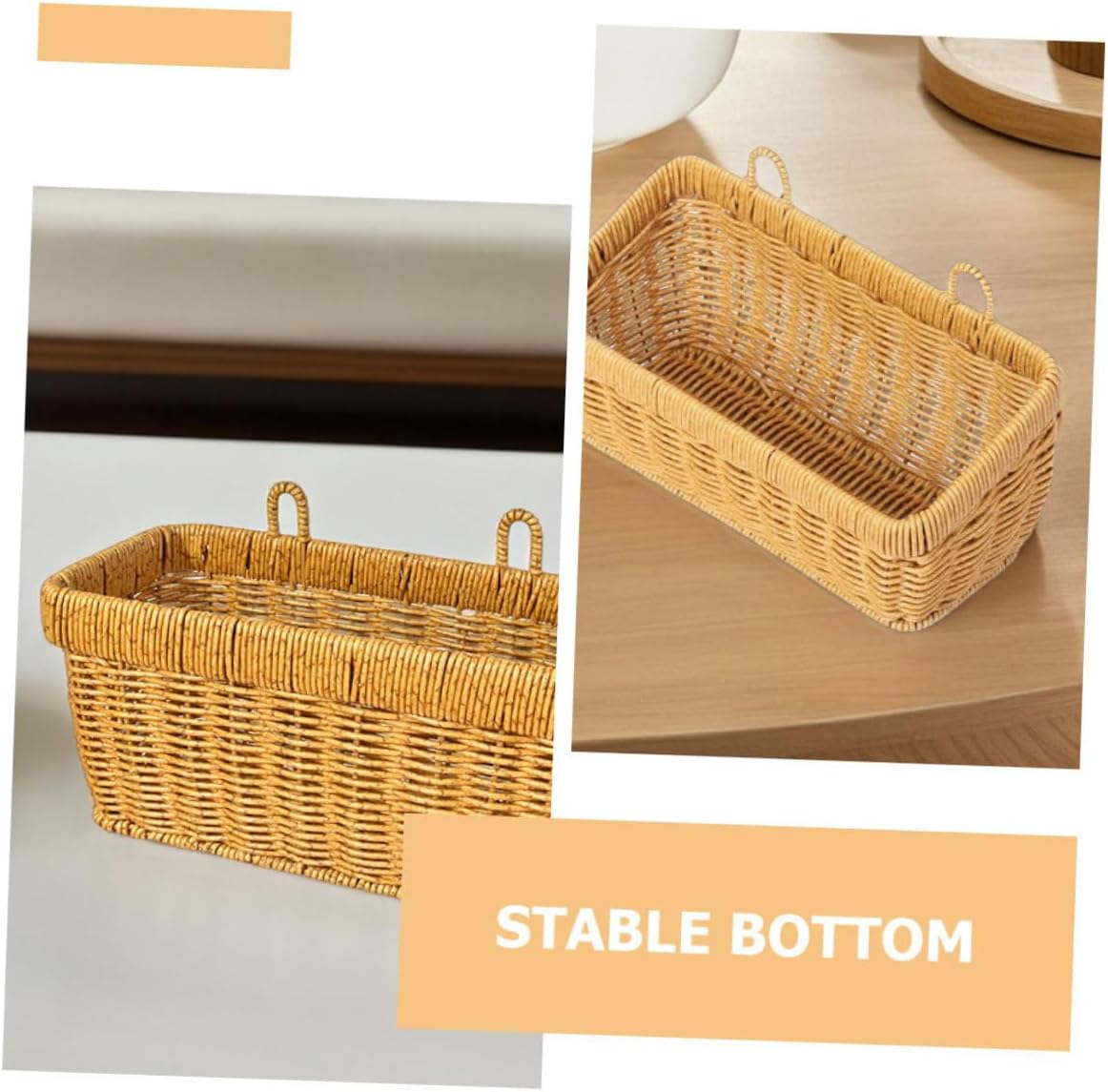 2pcs Hanging Woven Wall Baskets for Kitchen – Fake Rattan Vegetable and Fruit Storage Organizer with Hooks – Multipurpose Space-saving Wall-mounted Basket for Garlic, Onion, Ginger