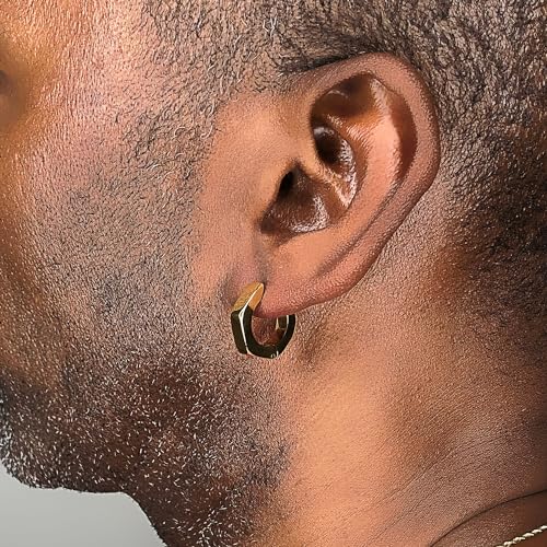 Hexagon Hoop Earrings for Men in Stainless Steel with Black or Yellow Gold Ion Plating 4 mm Wide Hinged Hoop by Metro Jewelry2