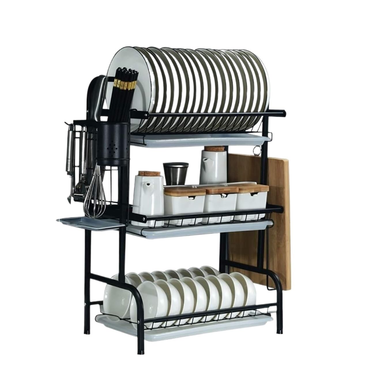 Escurreplatos Rejilla para Secar Platos De 3 Niveles, Acero Inoxidable, con Soportes para Utensilios, Cuchillos Y Tablas Cortar Organizador De Platos(with Side Holders)
