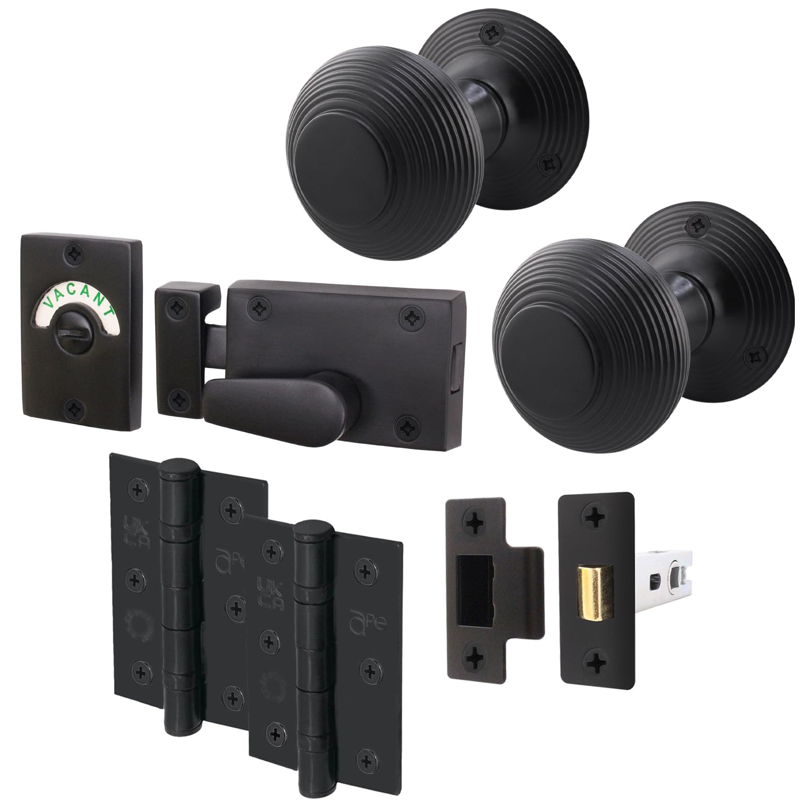 EAI Beehive Reeded Black Door Knob Set | 1 Pair of Matt Black Mortice Knobs (55mm), Latch (76mm), Hinges (76mm) & Indicator Bolt for Internal Doors