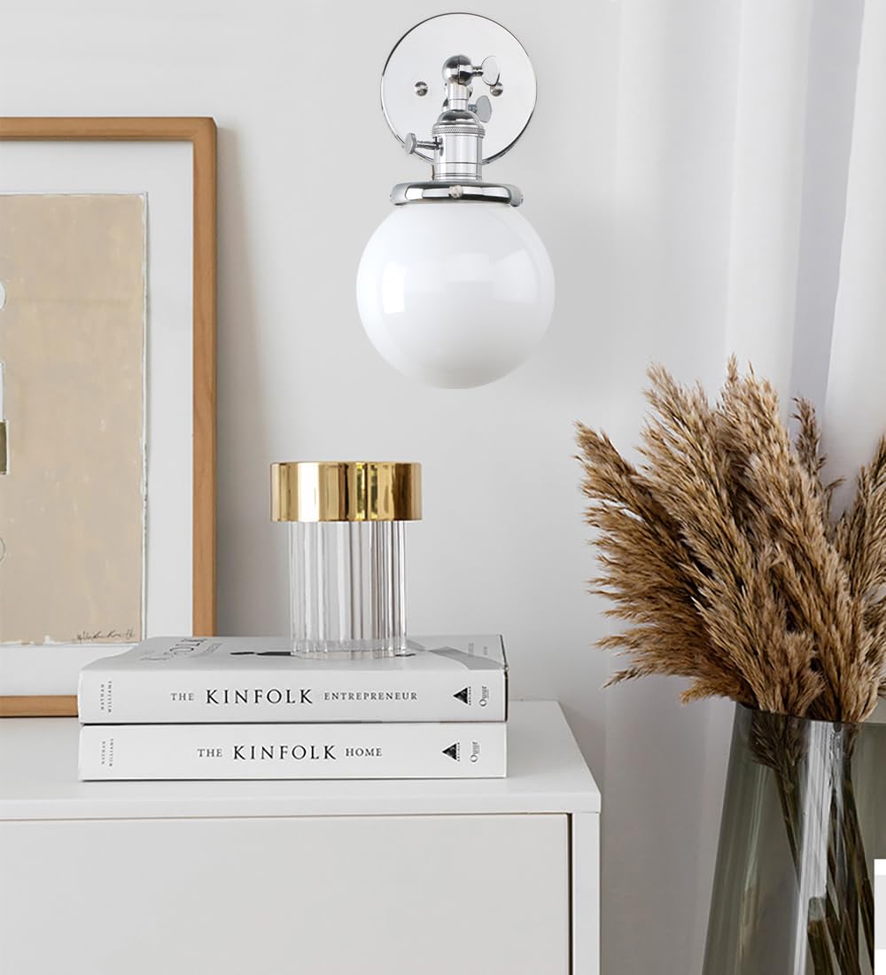 Pathson Réglable Applique Blanc de Lait Boule Verre Abat-jour Lampe Rétro Industrial Applique Murale Rétro Eclairage Chrome