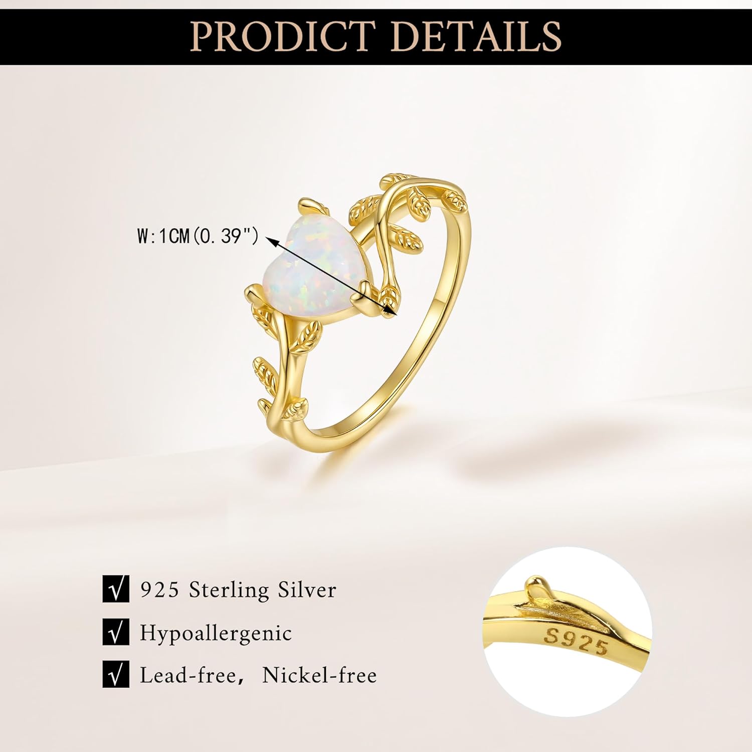 EVER FAITH 925 Sterling Silver Created Gemstone White Heart Opal Statement Rings, Dainty Gold Vine Leaf Wedding Promise Band Ring Anniversary Birthday Jewelry for Women Bride Size 6-8 - Image 6