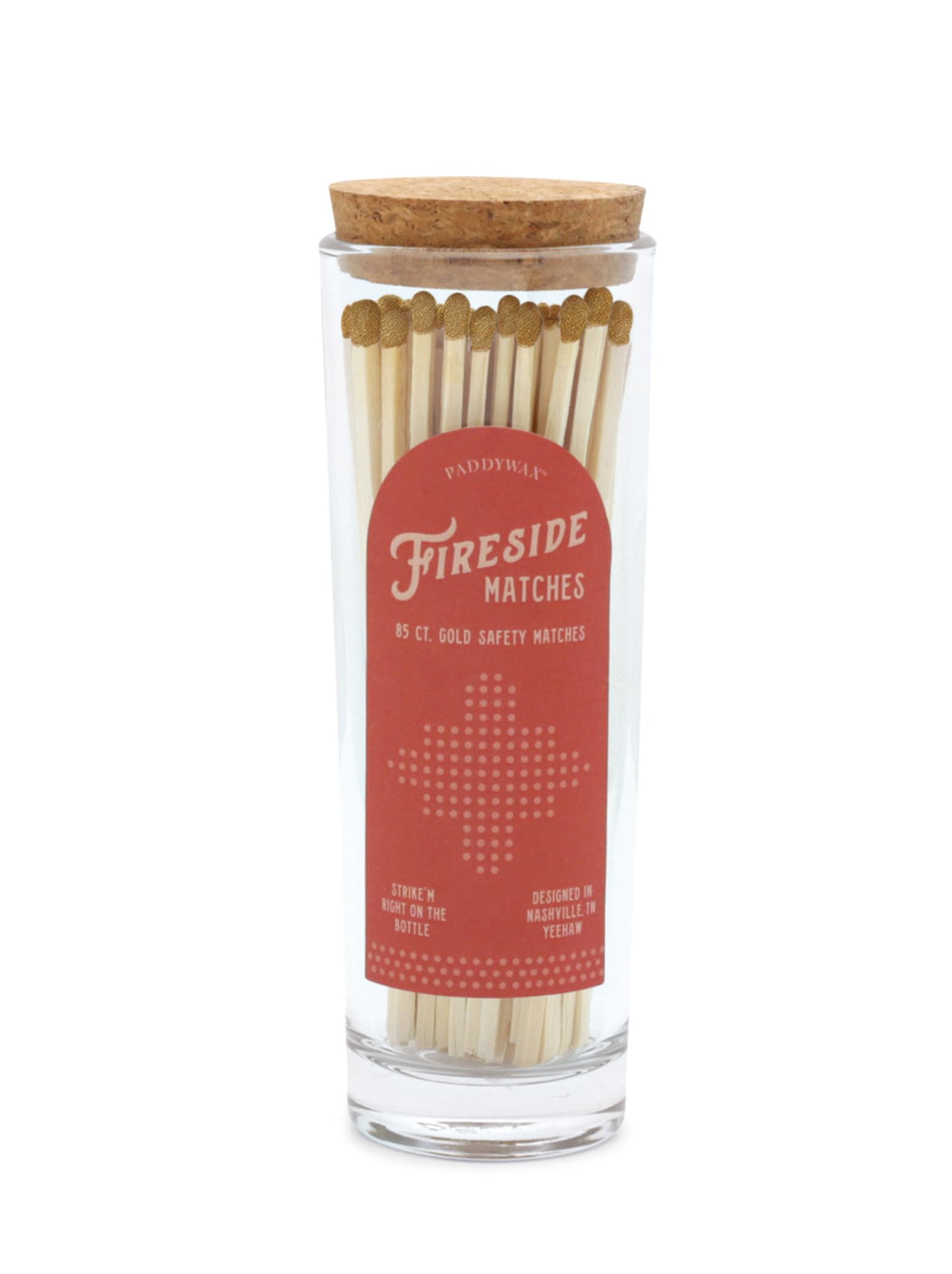 Paddywax Matte Gold Tip Glass Jar Match Holder With Striker With 85 Fireplace Fireside Safety Matches,