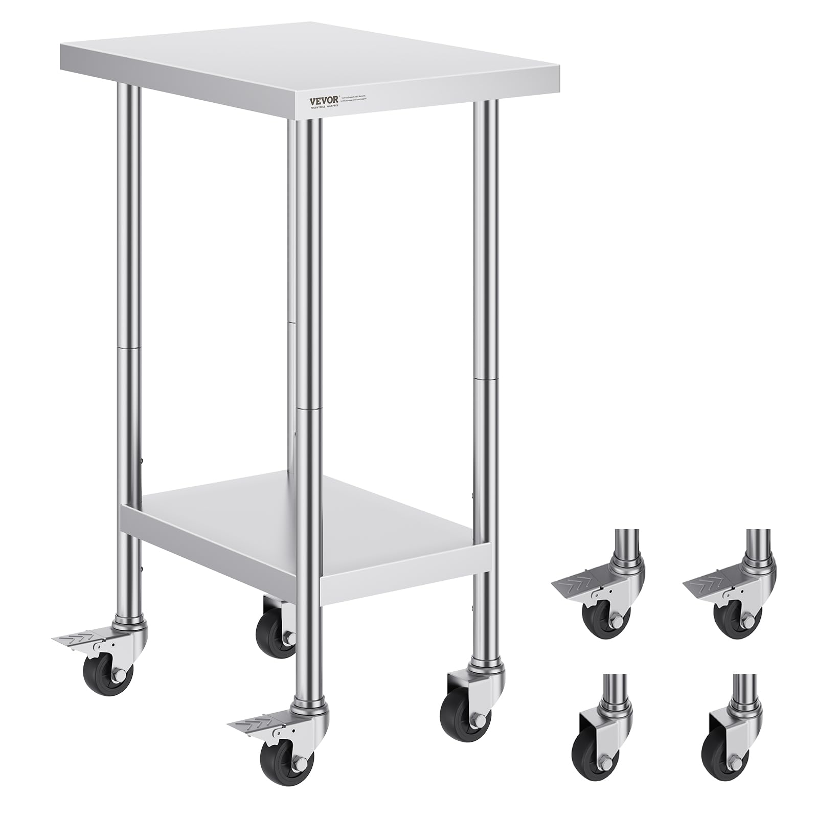 VEVOR Edelstahl Arbeitstisch Küche, Edelstahltisch Küchetisch mit 4 Universalrädern Rollen, 61 x 45 x 95 cm