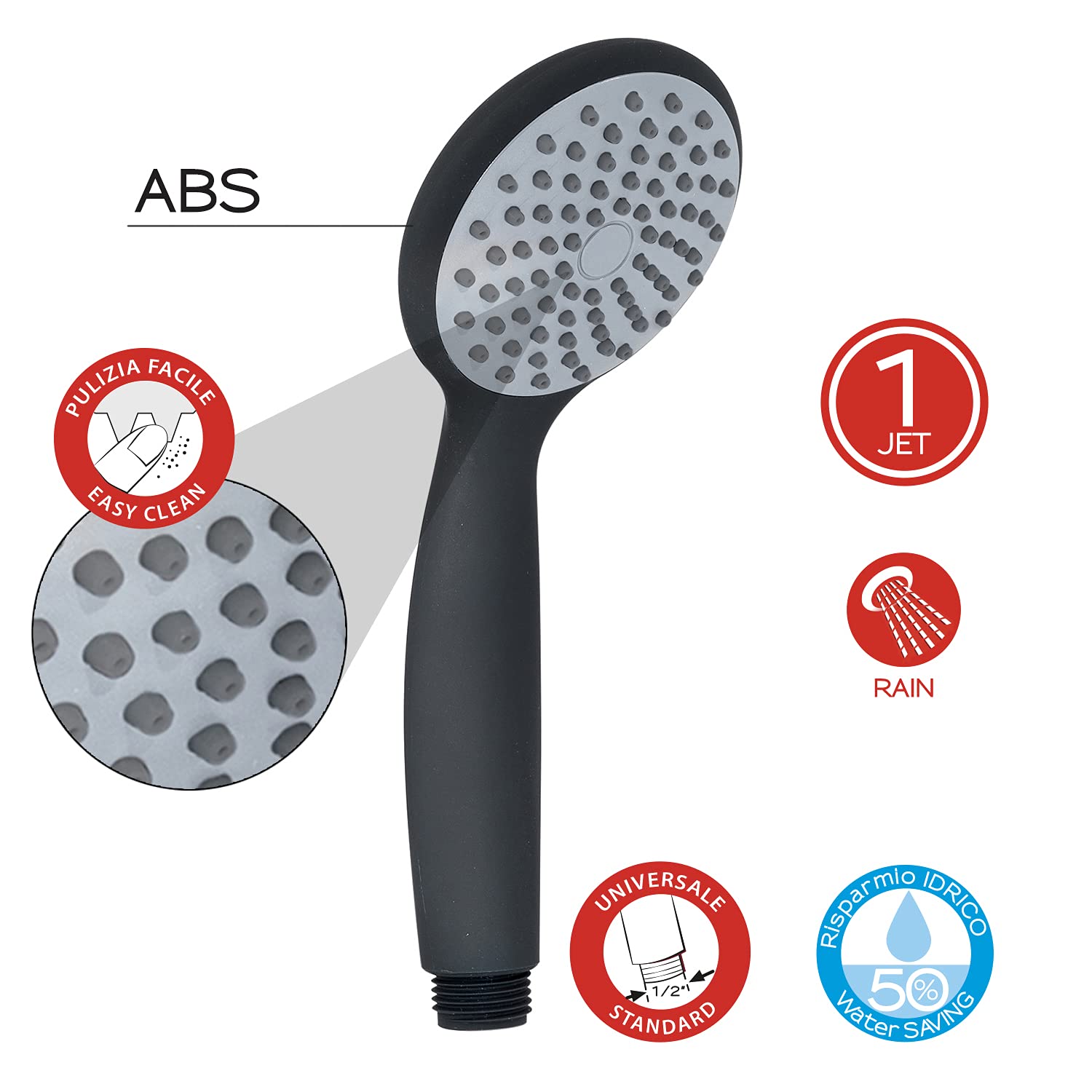 GEDY G-Easy 04, Doccetta per doccia 1 getto, Soffione doccia in ABS con finitura nera, 5 anni di garanzia, Design R&S Gedy, Filtro doccia antisabbia incluso