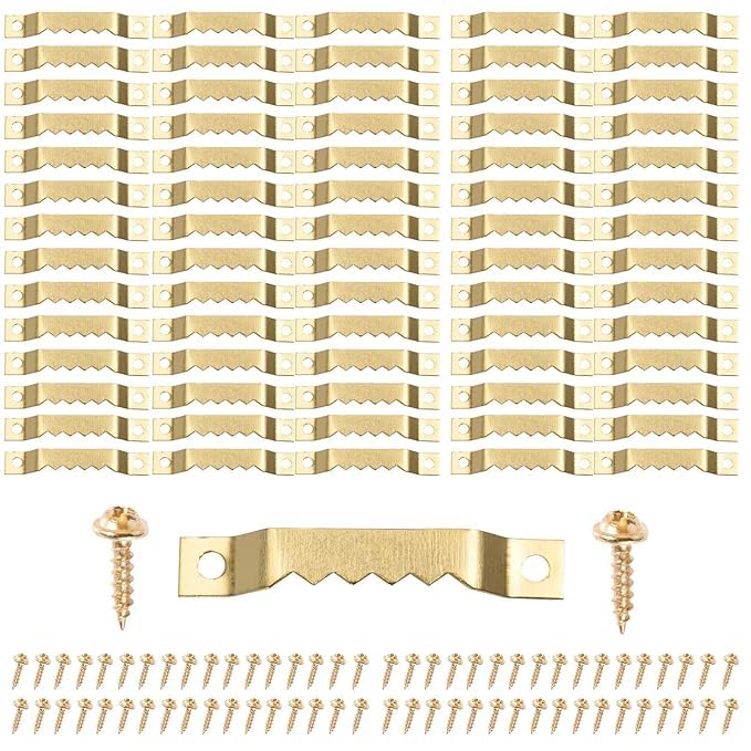 CREDLY 100 Pack Small Sawtooth Picture Hangers Steel Picture Hanging Picture Frames Hangers with Screws Picture Hang Solutions, for Hanging Clock Paintings Artwork Picture Frame Hook Photos (Gold)