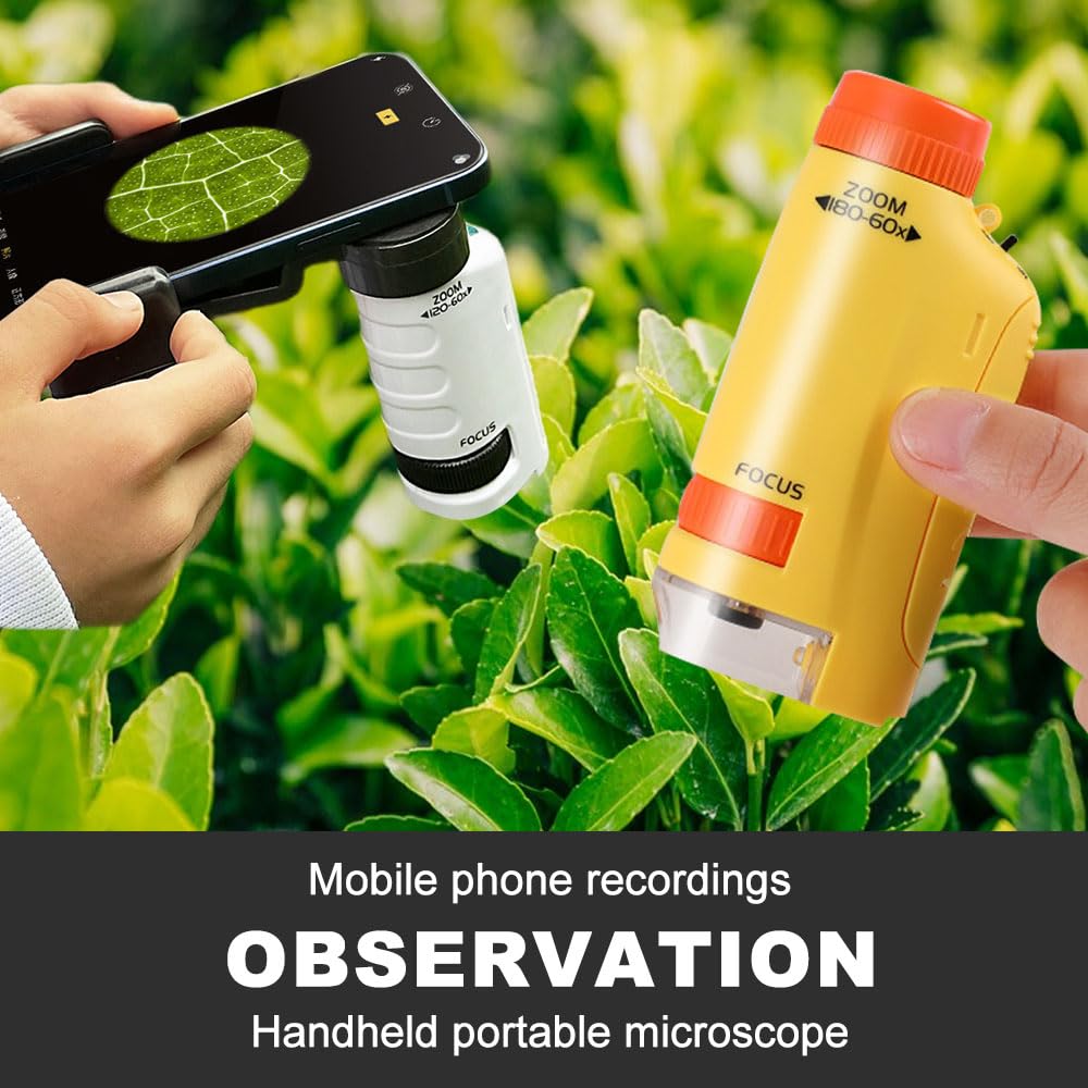 Microscope Enfant Portable avec LED (60-180x), 2026 Pocket Microscope Portable, Petitscope de Poche Enfant Partir de 3 Ans, Microscope, Etudiants, Adultes, Cours de Biologie Scolaire (Blanc)