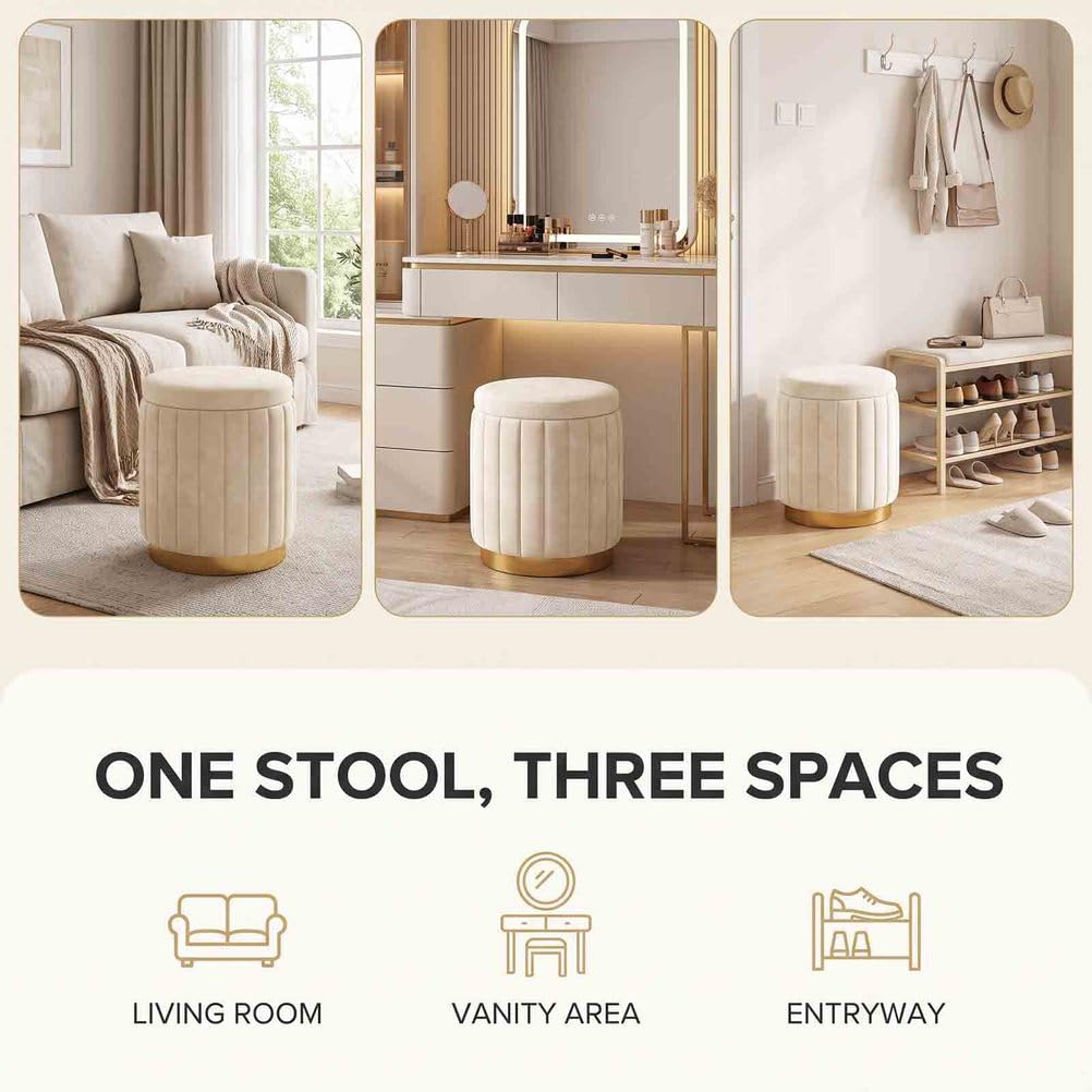 Pouf Sgabello Rotondo Contenitore, poggiapiedi ottomano in Velluto con vano Nascosto e Base in Legno, Sgabello toeletta Compatto, Crema