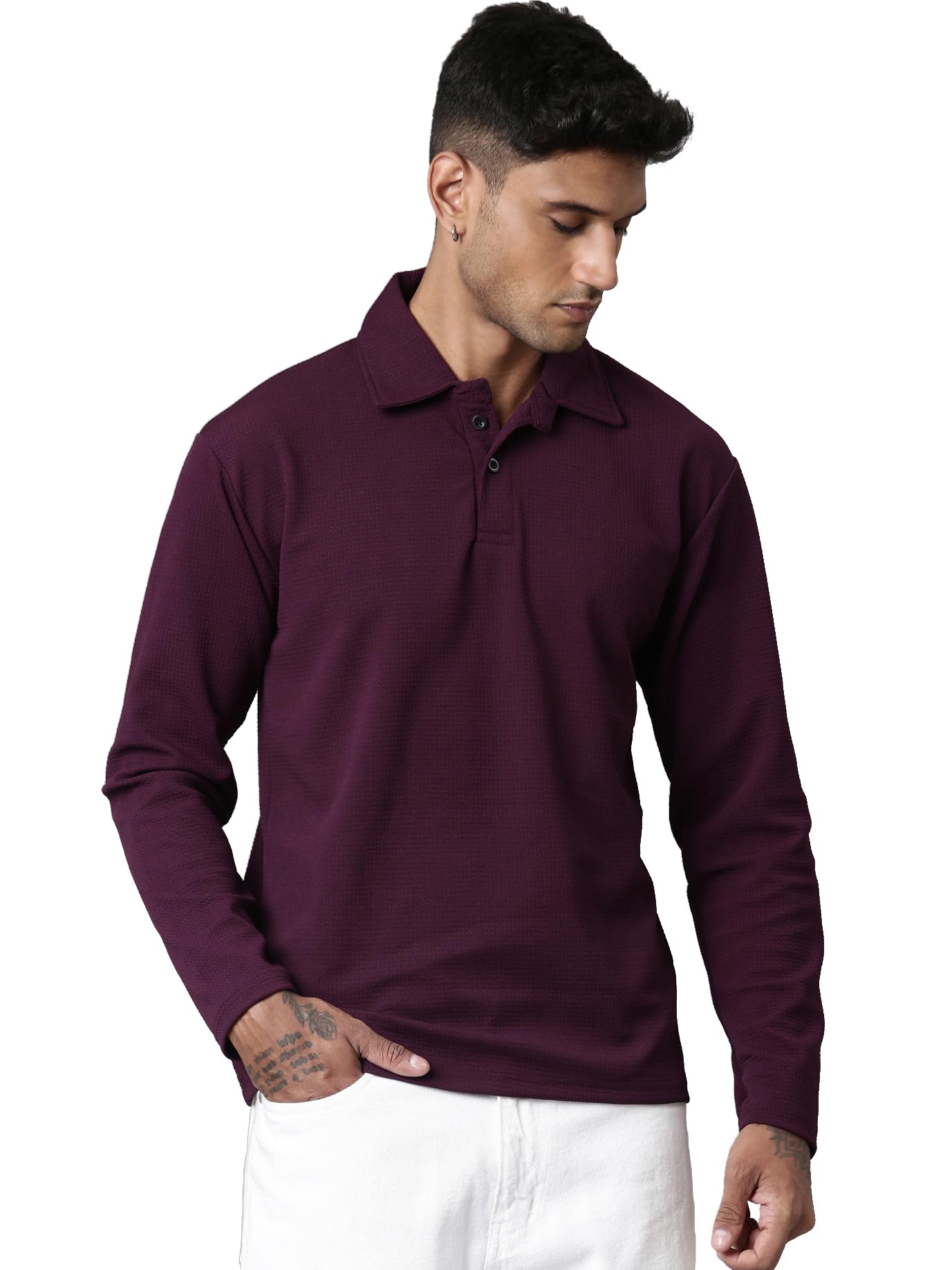 lewel Men's Stylish Textured Full Sleeve Polo T-Shirt (Wine)-picture-12