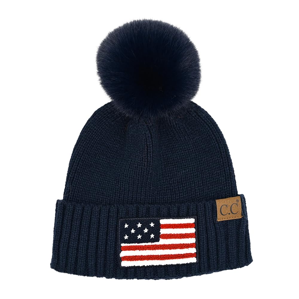 C.C American Beanie with Iceland Wool Pom for Women Unisex Soft Warm with Iceland Pom Knit Winter Skully Hat