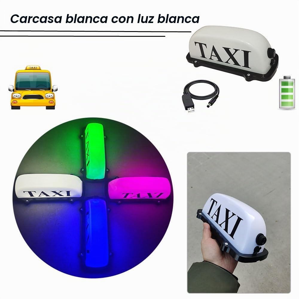 Luz de señal de taxi, luz superior de taxi con batería recargable USB, letrero de taxi de techo con base magnética, luz de cúpula de taxi impermeable, color blanco