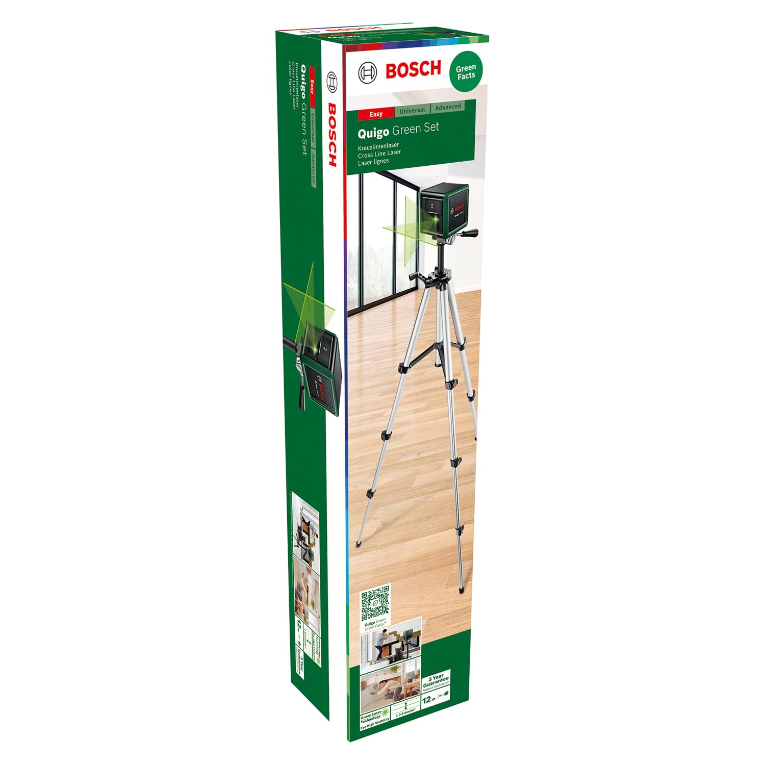 Bosch livella laser a croce Quigo Green con treppiede (laser verde per una migliore visibilità, involucro in plastica riciclata, in cartone)