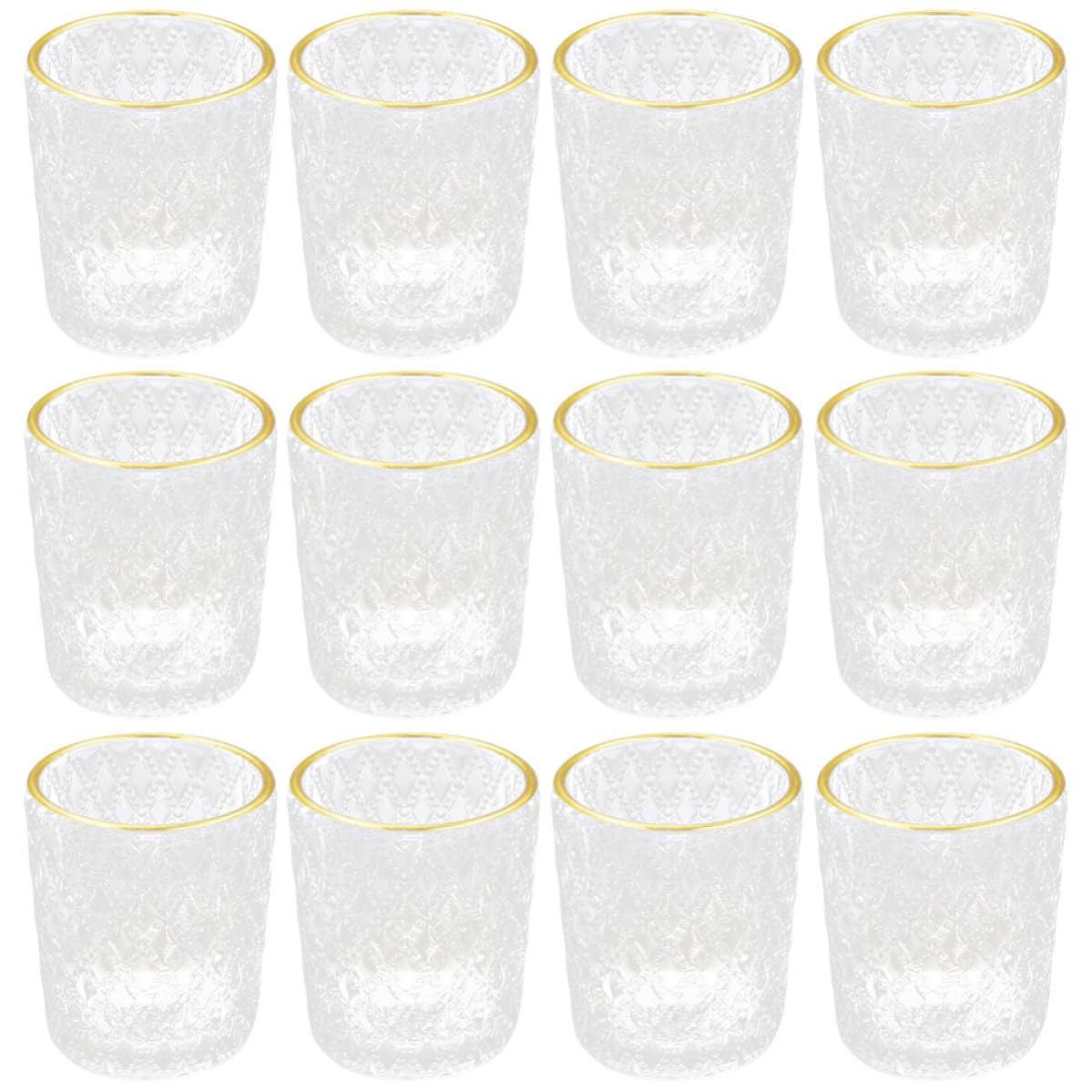 12 Stück Teelichthalter aus Glas für Tisch und Hochzeit Deko | Transparent Goldrandig, Reliefartige Oberfläche, Selbstgemacht Kerzenbecher
