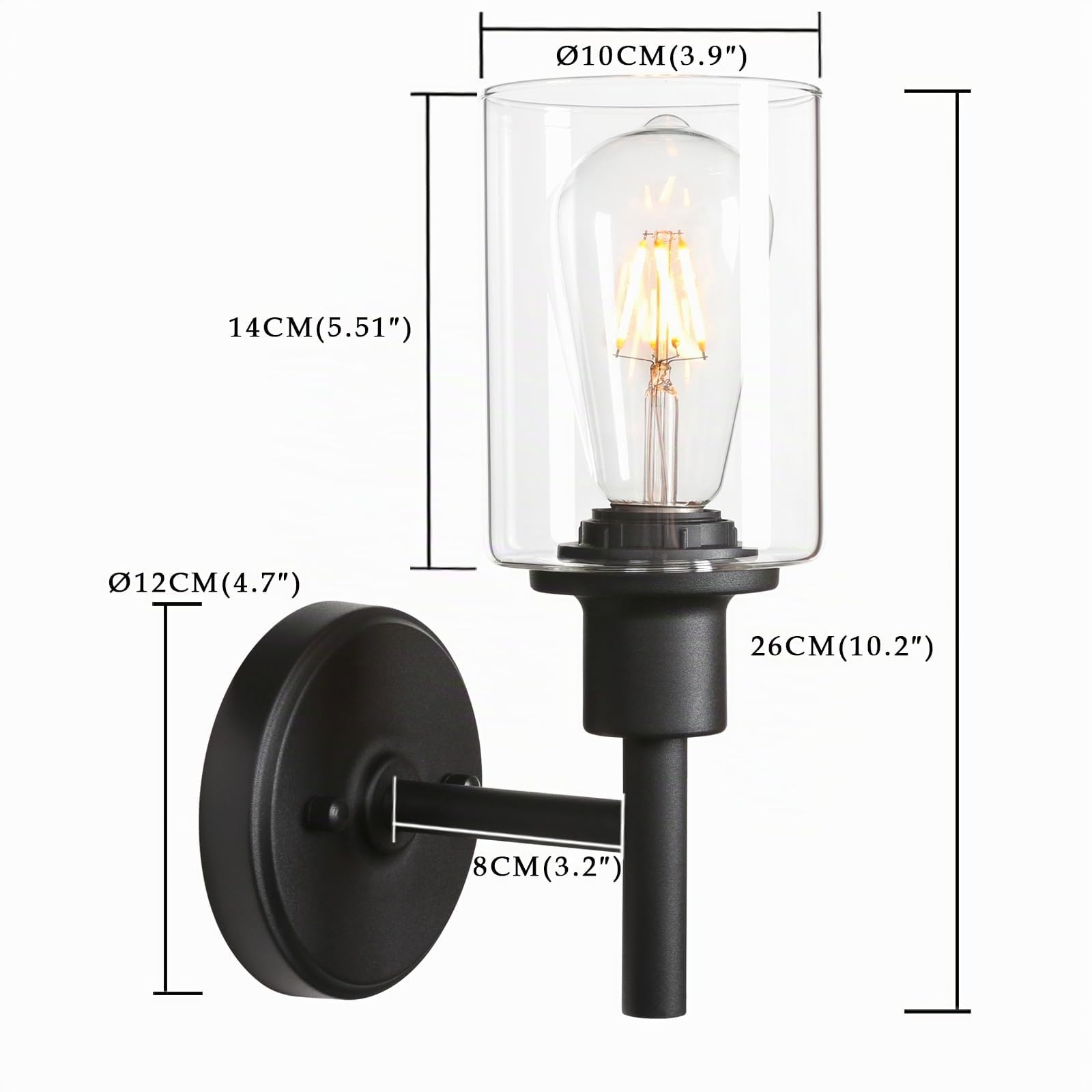 Phansthy E27 Wandleuchte mit klarglas Lampenschirm Wandlampe Industrielle Wandleuchte Wandbeleuchtung Landhausstil Lampe für Flur Schlafzimmer Wohnzimmer Küche Badezimmer Gästezimmer etc (Schwarz)