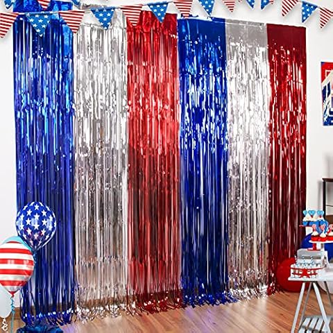 3 Packs 4th of July Party Tinsel Foil Fringe Curtains Red White Blue Photo Backdrops Props 4th of July Decorations America Patriotic Party Independence Day Memorial Day for American Theme Cover