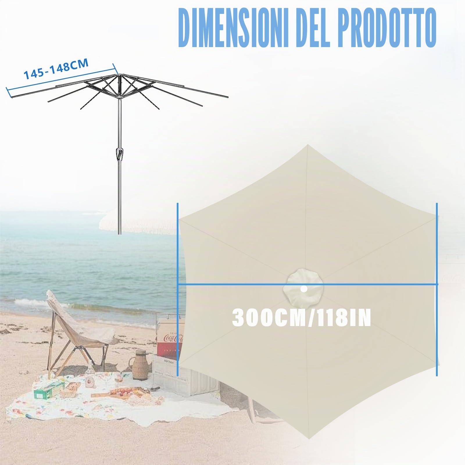 Copertura di Ricambio per Ombrellone da 3M 6 Montanti, UPF 30+ Impermeabile, Telo Ricambio Ombrellone 300cm 6 Stecche Telo, Colore Panna