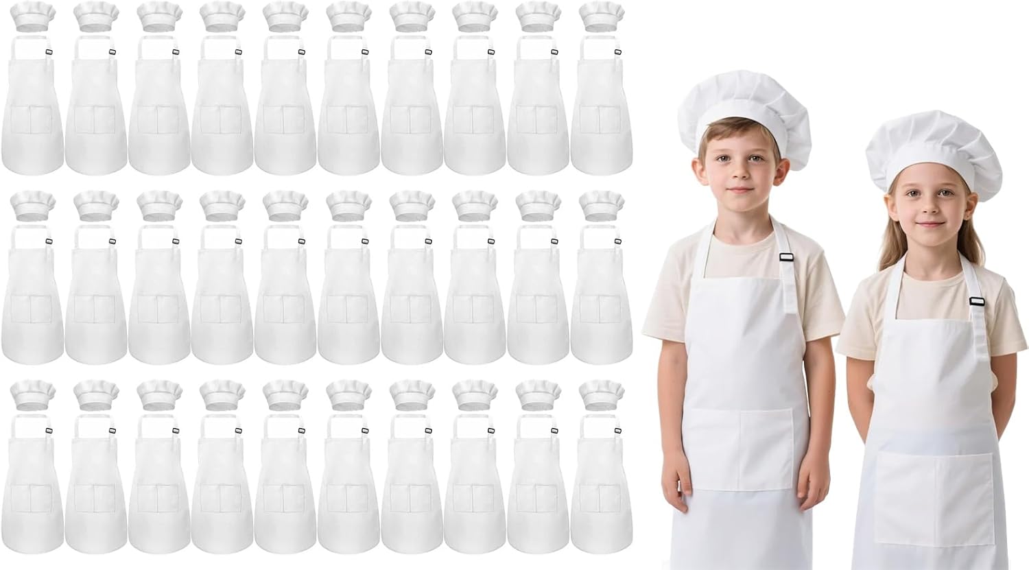 Kids Apron and Chef Hat Set, 64 Pieces Boys Girls Kids Apron with 2 Pockets Adjustable for Cooking Classroom Baking Painting, 6-13 Years, White