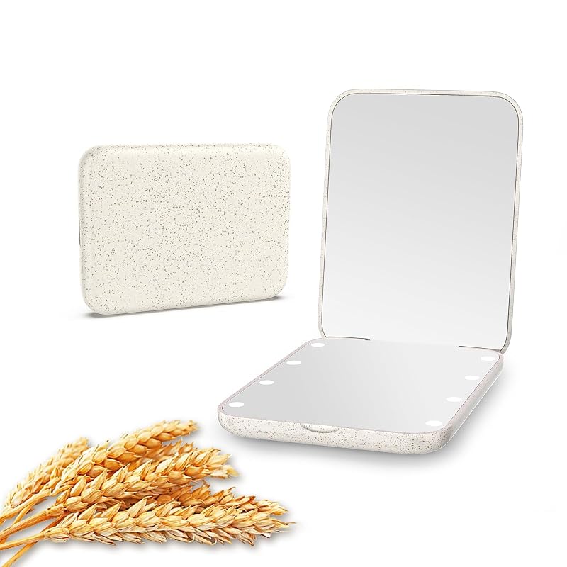 Espelho compacto Kintion de palha de trigo com iluminação, ampliação 1X/3X e fechamento magnético