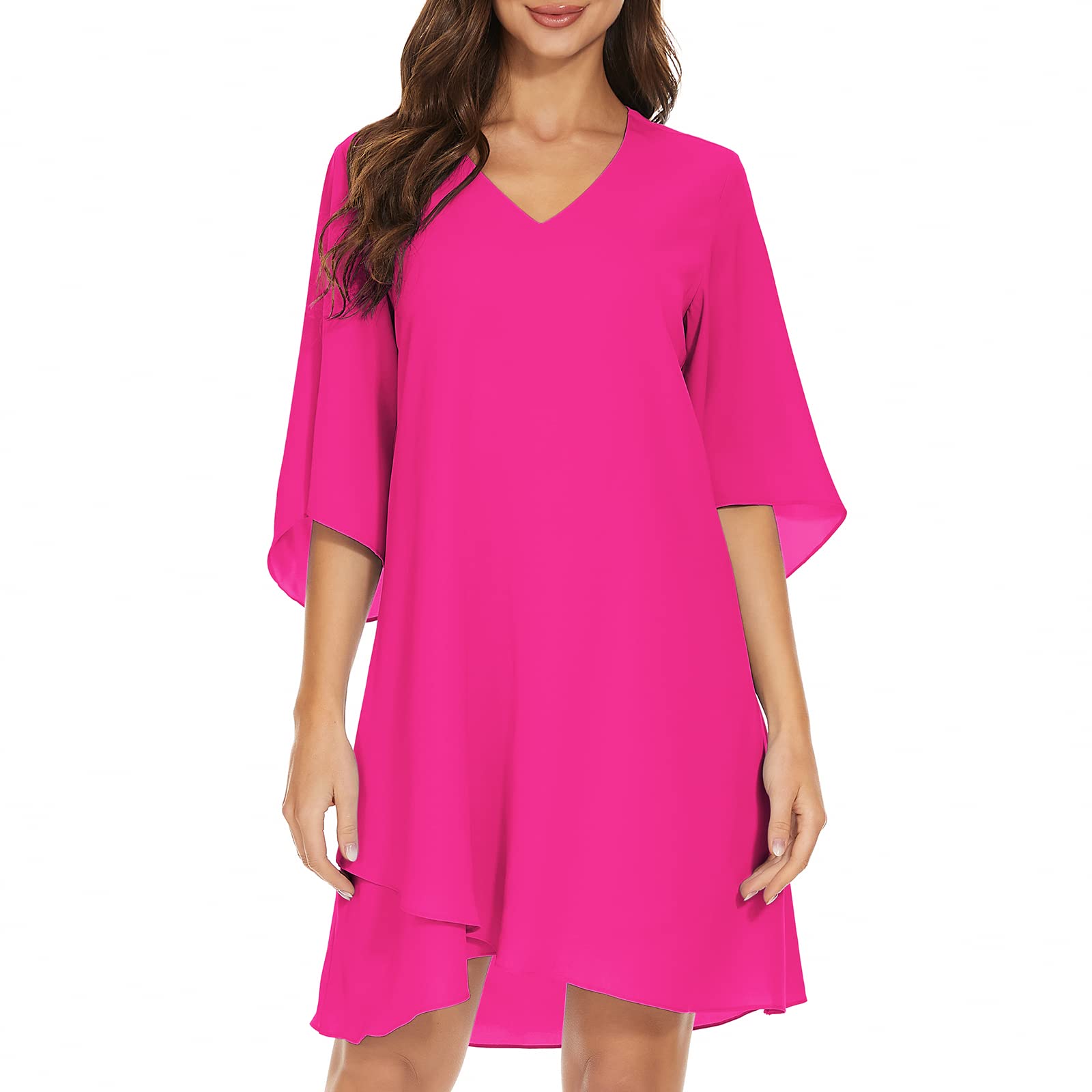 BELONGSCI Women's 2023 Summer Dress Sweet & Cute V-Neck 3/4 Bell Sleeve Casual Flowy Swing Dress