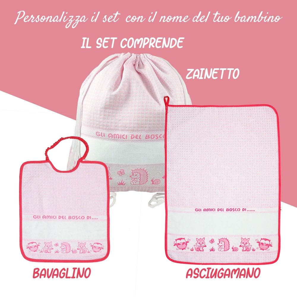 Bubabù SET ASILO PERSONALIZZATO BOSCO composto da 3 pezzi: bavaglino spugna con elastico cm.28x33, asciugamano cm.40x55, zainetto con fascia PERSONALIZZATI Cotone 100% Made in Italy