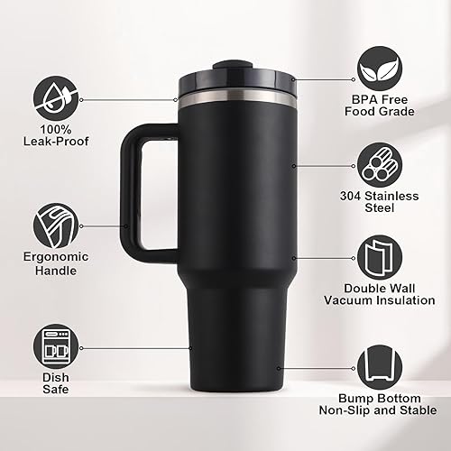 Miniatura 3 de slok Vaso de 40 oz con asa y pajilla, vaso de agua de acero inoxidable aislado al vacío para bebidas calientes o frías, botella de agua reutilizable