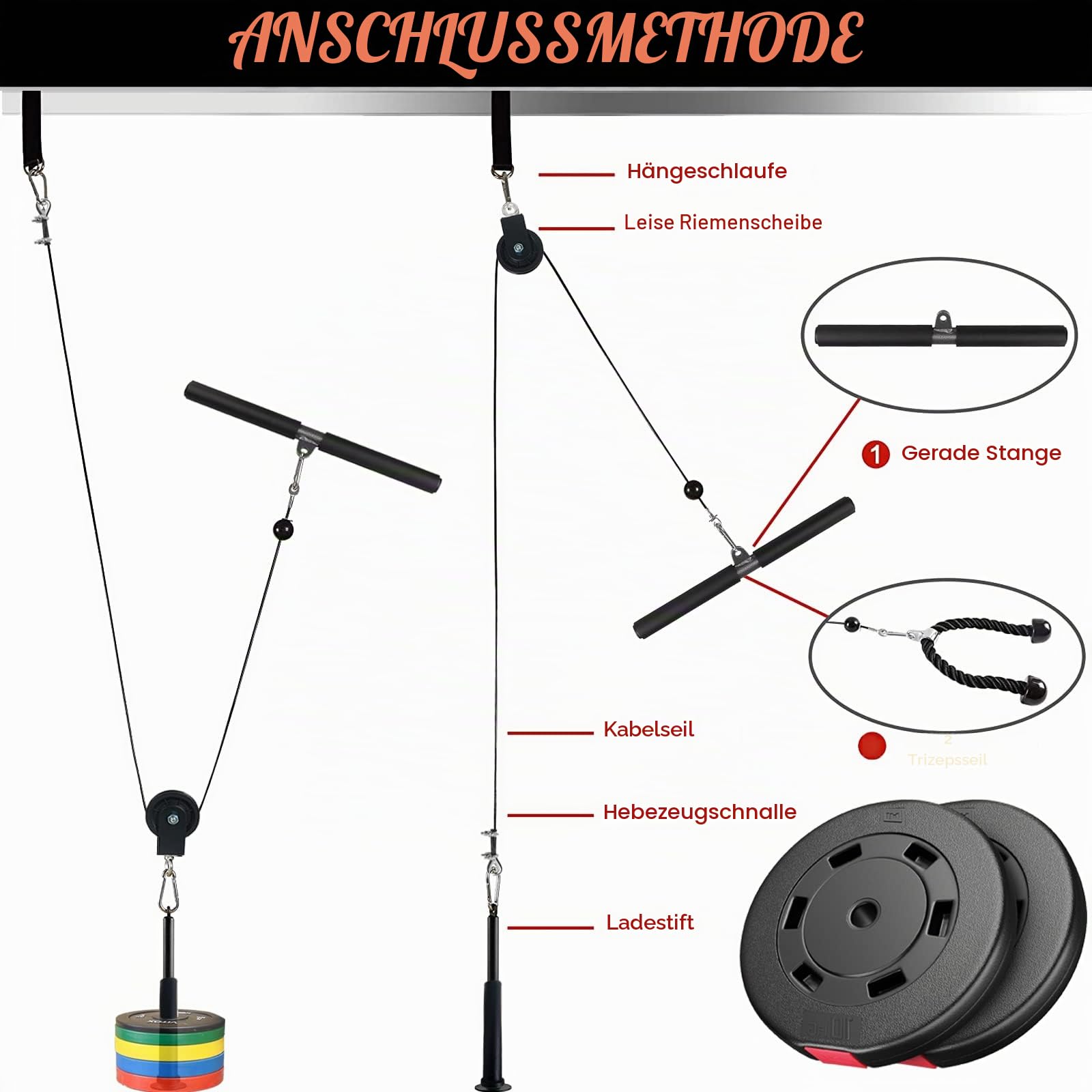Taeku Kabelzug Fitnessgerät für Zuhause – Latzug & Trizeps Seilzug Trainer mit Riemenscheibe, Unterarmtrainer & Gewichtsstift, DIY Krafttraining Kabelmaschine für Rücken Schultern (2,5M Kabel+Adapter)