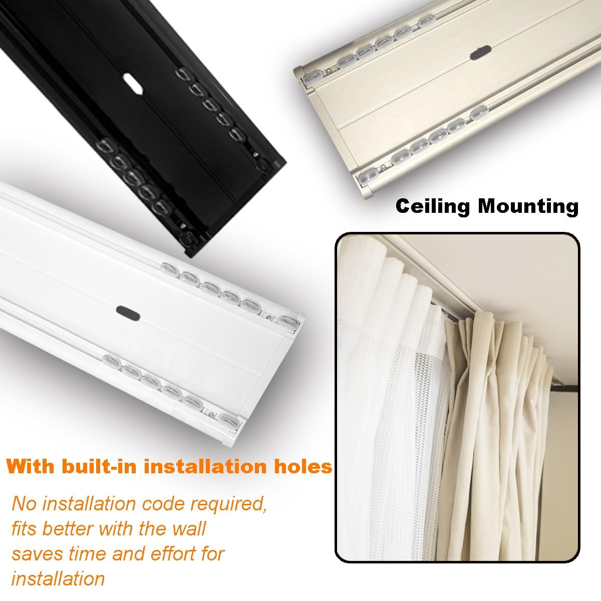 Sistema de riel divisor de habitación resistente montado en el techo, riel deslizante de aluminio de 1,30 m para balcones y espacios abiertos, funcionamiento silencioso (negro)