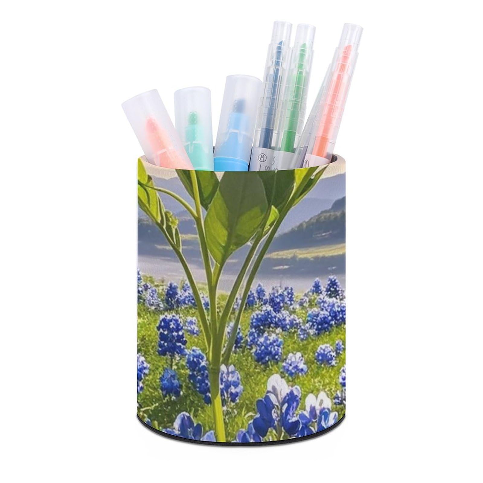 FekiLoot PU Leather Round Pen Holder Bluebonnets Scenery Pencil Holder Desk Organizer Pen Organizer Pen Cup Pencil Cup Caddy Desktop Stationery Organizers for Office Home Supplies