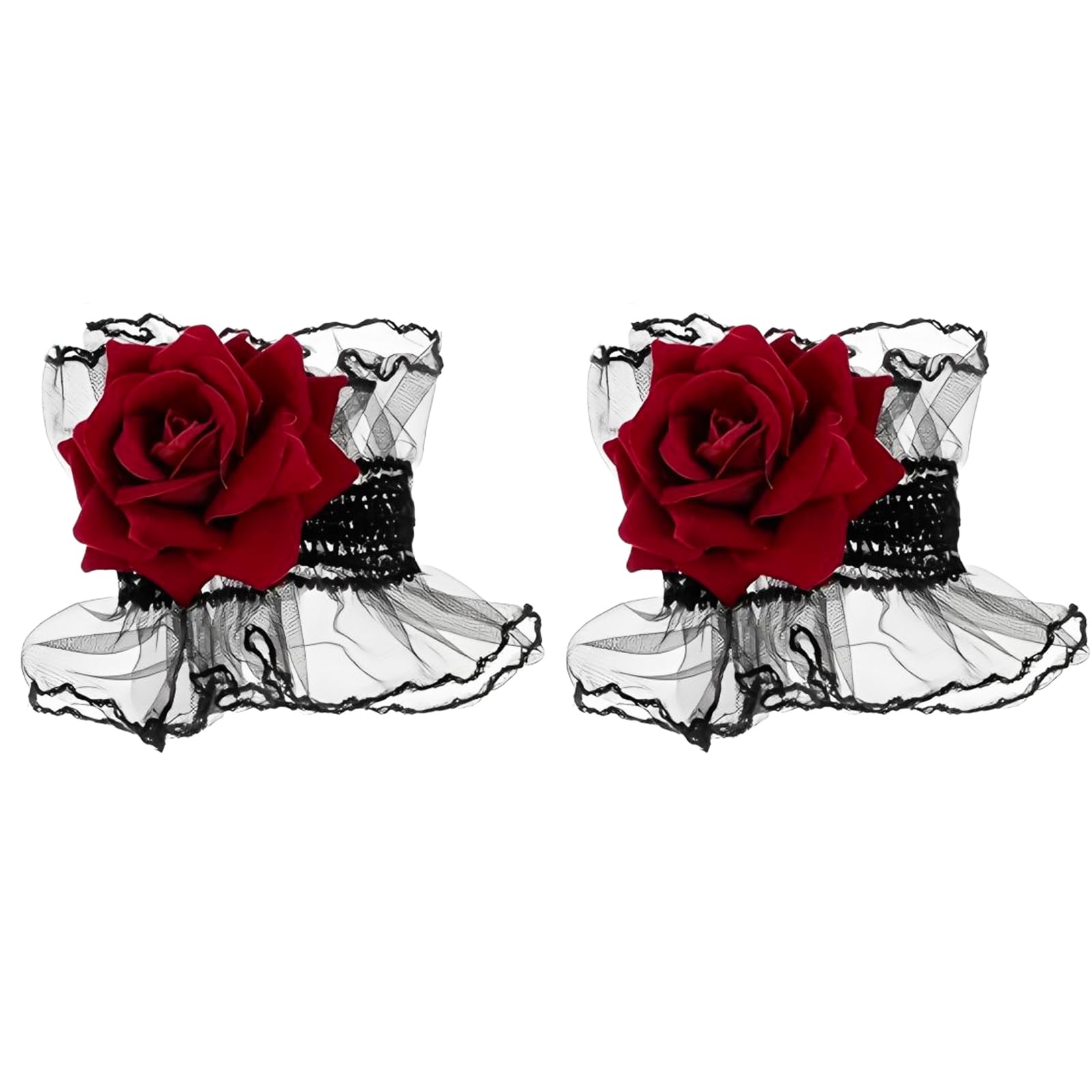 HAICN Gothic Rose Black Lace Gloves Wine Red Flower Wrist Cuff Red Rose Lolita Hand Sleeve Black Lace Elastic Bracelet for Wedding Halloween Prom Masquerade Party