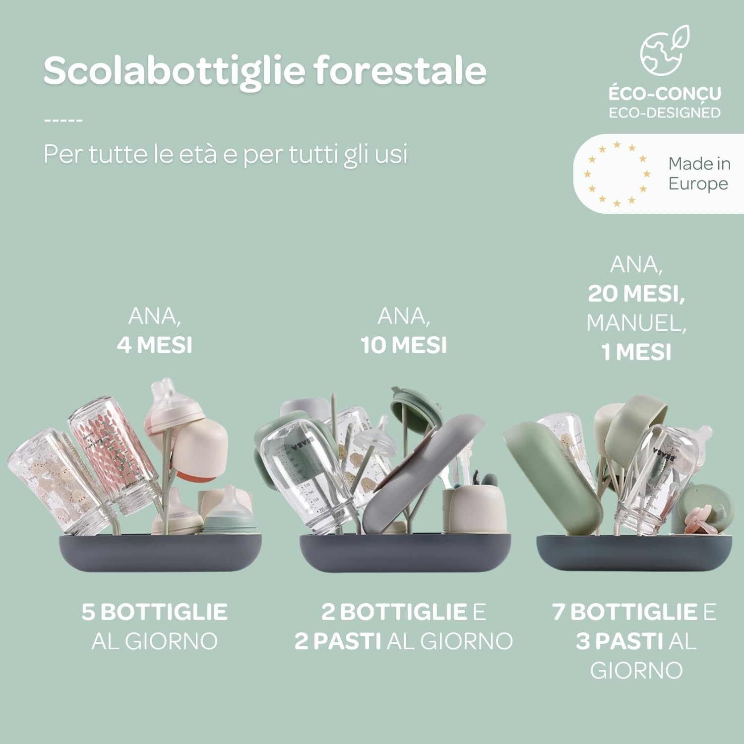 BEABA, Scolabiberon E Asciugabiberon, Grande Capacità, Modulare, Fino A 6 Biberon E Stoviglie Per Bambini, Vaso Accessorio, Drenaggio Ottimizzato, Facile Da Riporre, Compatto, Pratico, Salvia/Minerale