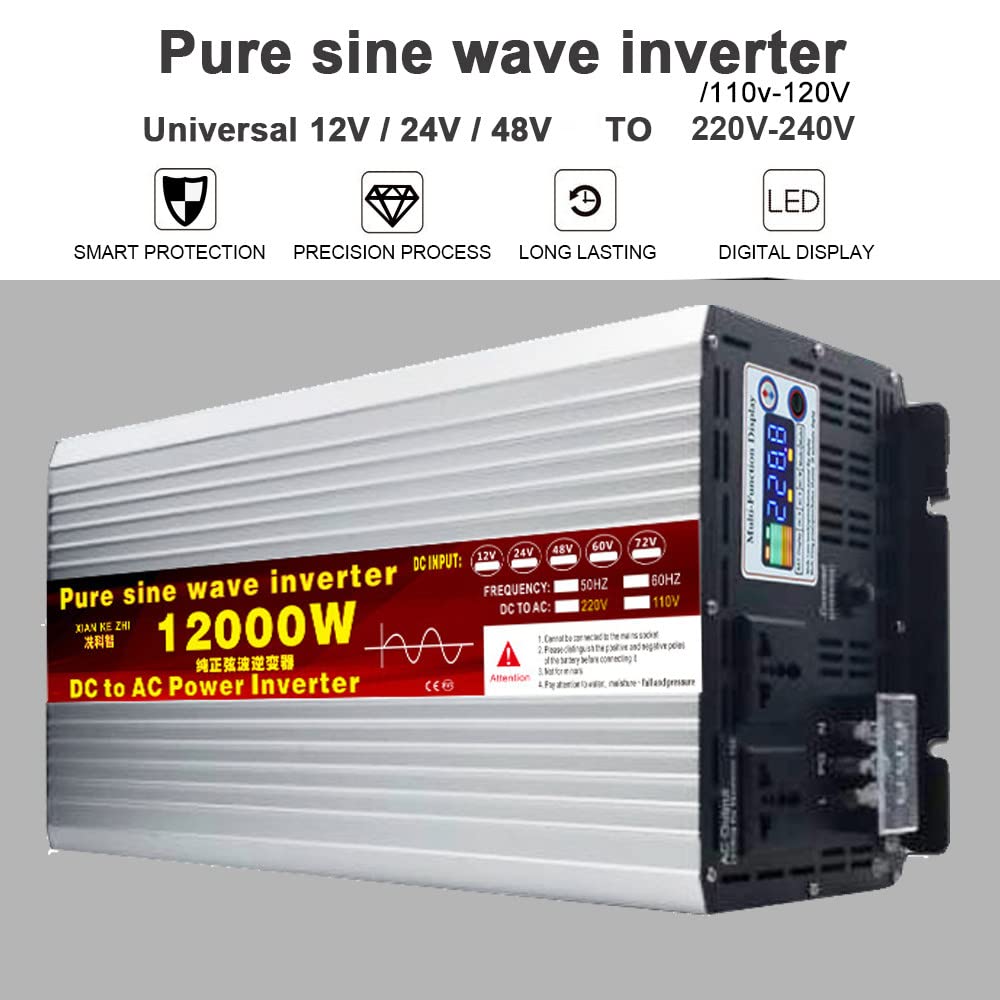 Falownik 12000 W Peak Pure Sinus, ładowarka DC 24 V 48 V 60 V do 120 V 220 V AC, z wyświetlaczem LCD, do domu, kampera, ciężarówki, 24 V-220 V