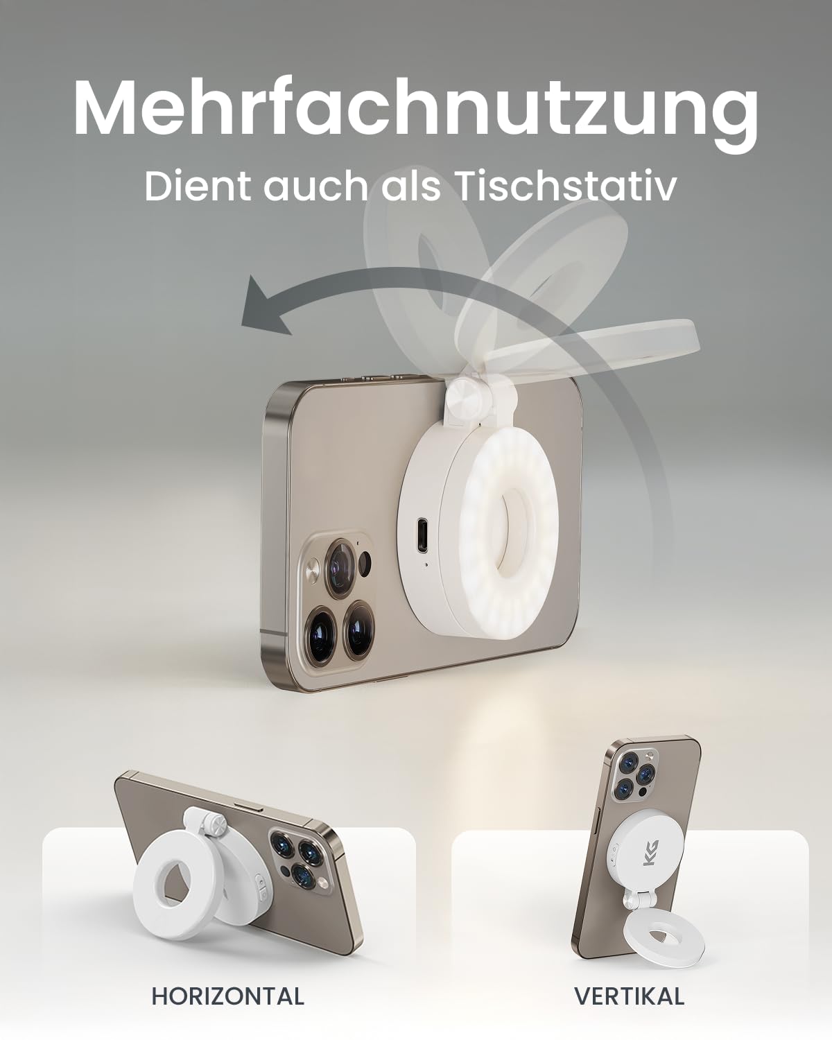 KraftGeek Magnetische Selfie Licht Kompatibel mit Magsafe, Tragbares LED Handy Licht für iPhone/Android, Wiederaufladbares Ringlicht Handy für Selfie/Vlog/Fotografie/Reisen, Weiß