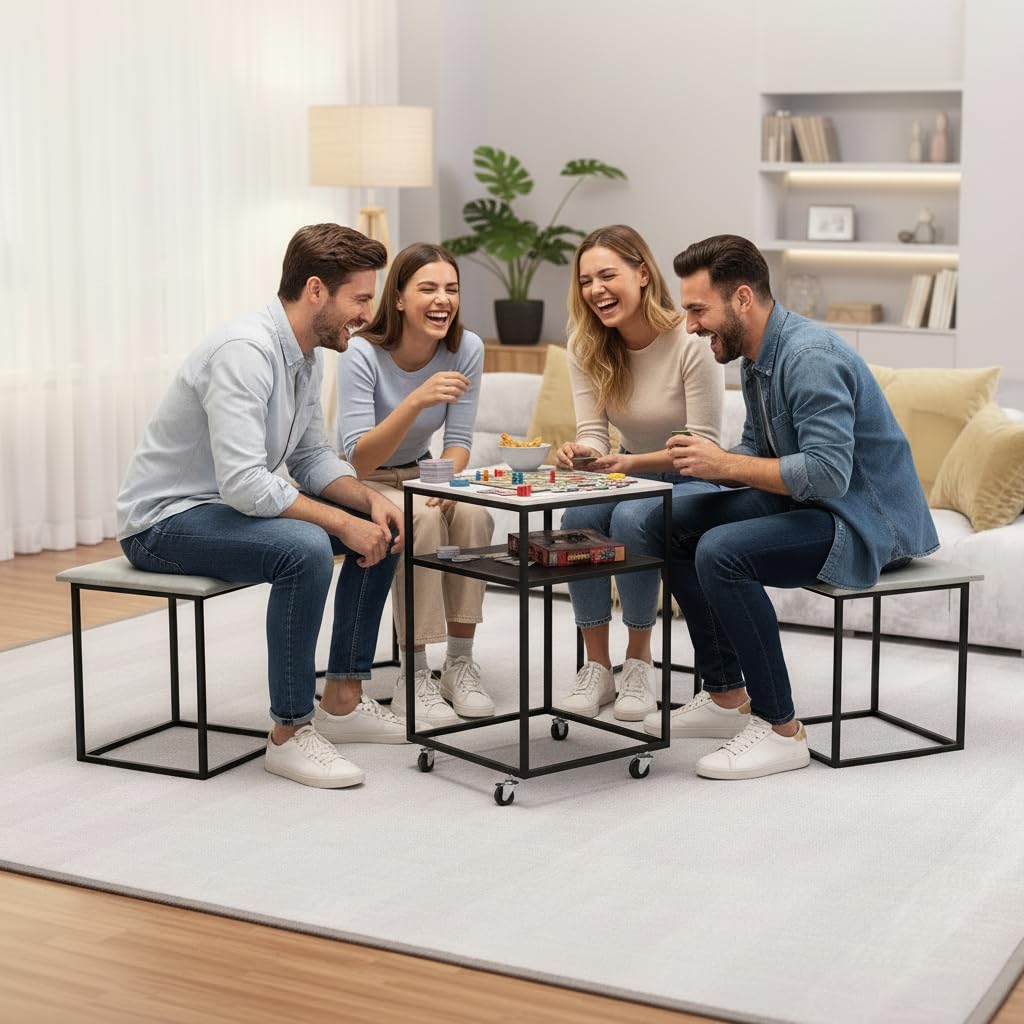 4 sgabelli con tavolino – Risparmia spazio 5 in 1 cubo grigio/bianco per soggiorno, sala da pranzo, camera degli ospiti