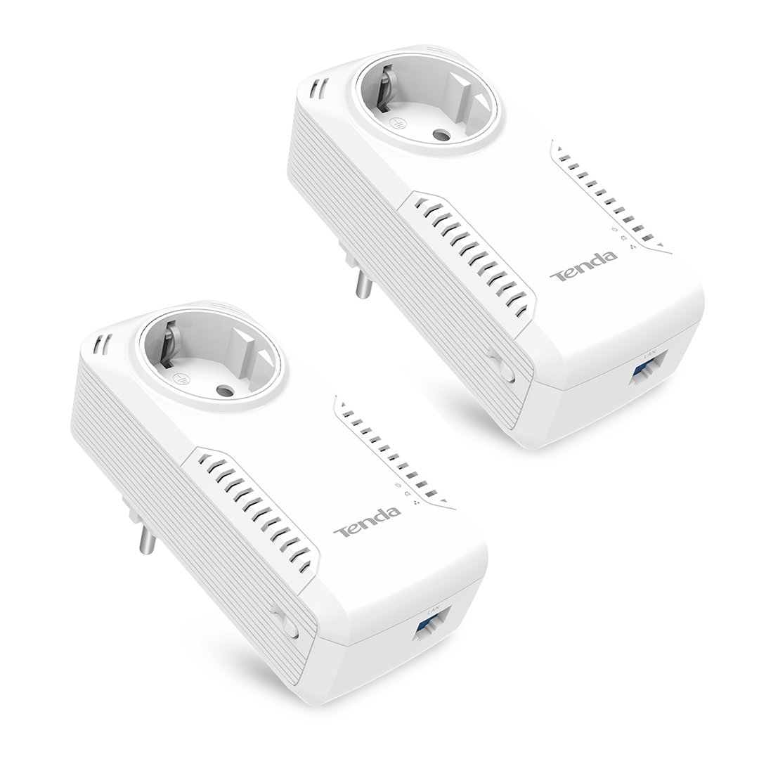 Tenda P1001P KIT AV1000 Gigabit Powerline Adapter Kit mit AC Pass Through (Gigabit LAN Ports, HomePlug AV2, QoS, kompatibel mit Adaptern Anderer Marken, 2er Set)
