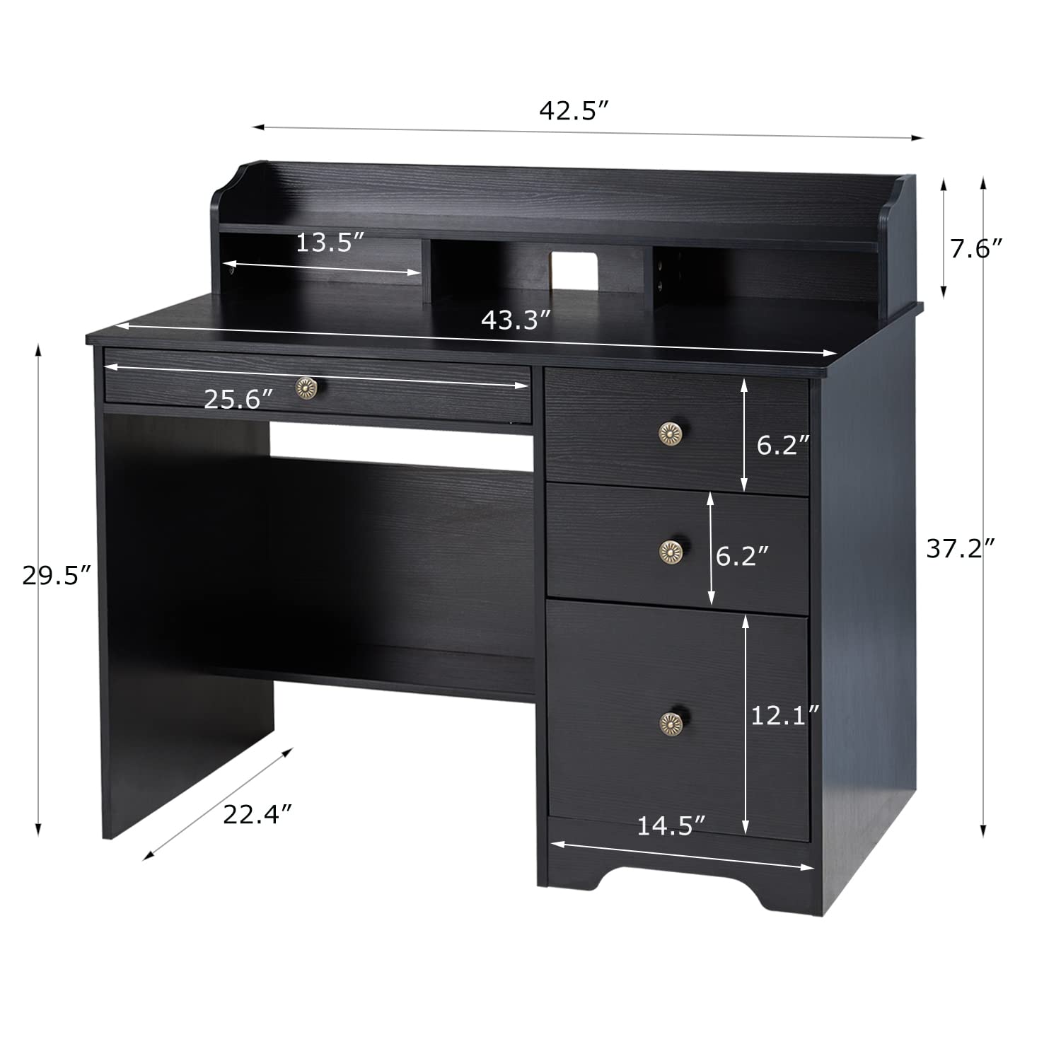 Buy Computer Desk with 4 Storage Drawers and Hutch Shelf, Wood Frame