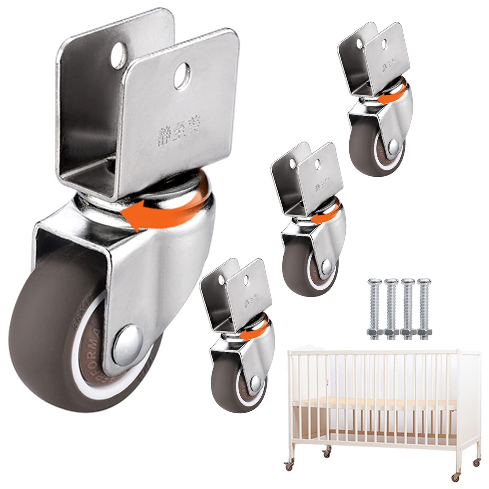 Rotelle di ricambio per mobili da 4 pezzi, rotelle da trasporto con freno, ruote a stecca a forma di U da 16/18/20/22/25 mm, rotelle universali, per supporto per fiori, culla, carrelli, 22 mm-4 freni