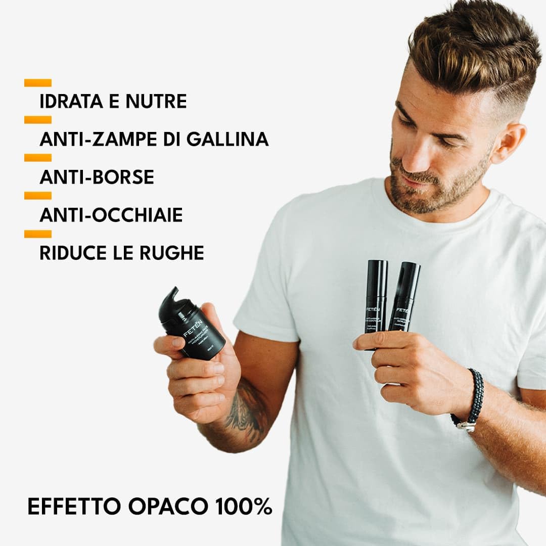 FETEN Skincare Cofanetto Regalo Uomo - Set Antietà Idratante con Crema Viso Antirughe, Contorno Occhi Antiocchiaie e Siero Vitamina C - Kit Cosmetica e Cura della Pelle Uomo