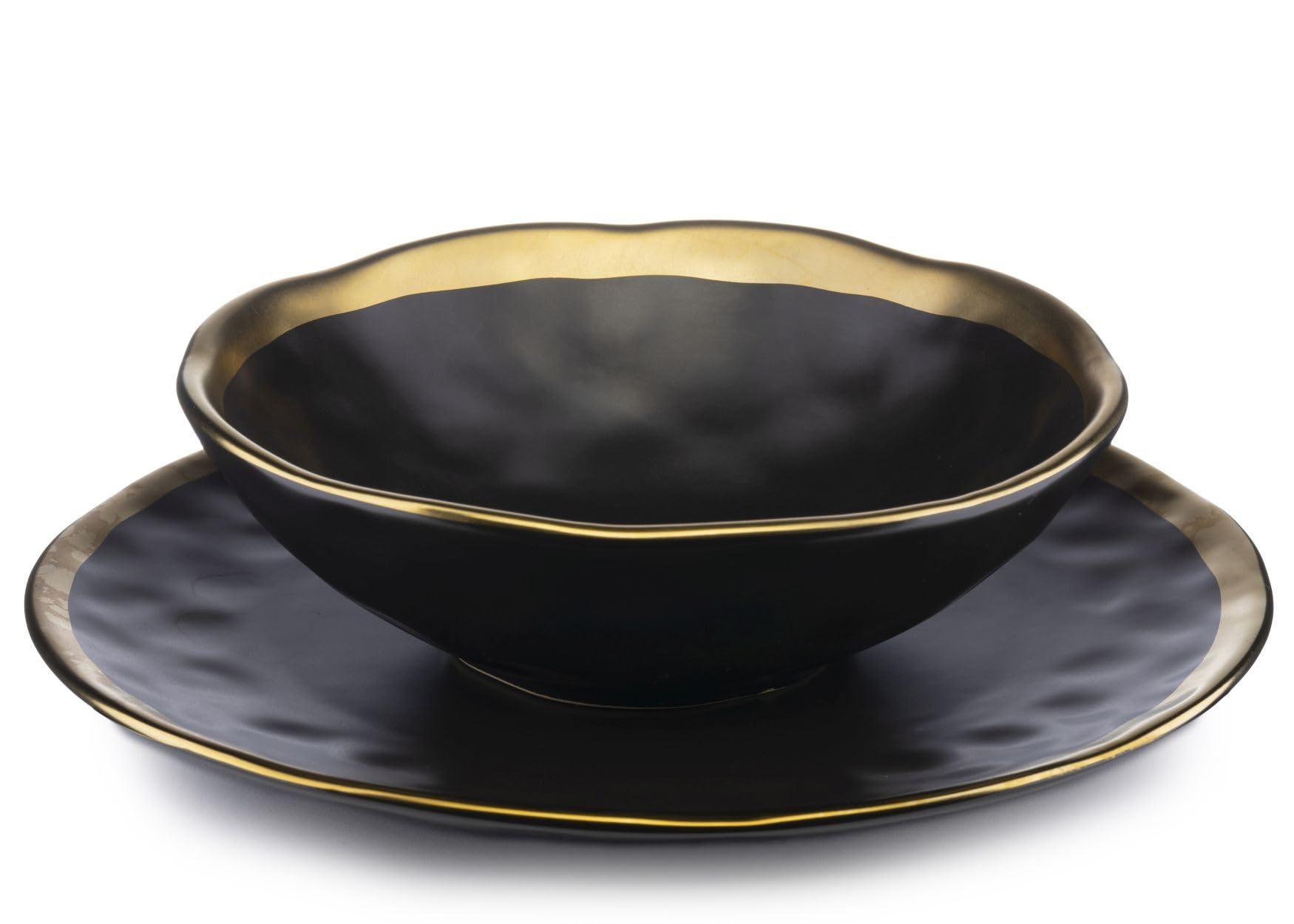 Keramik Geschirr Set 8 Personen | Schwarze Teller 27 cm Ø und Schüssel 20 cm Ø | Modern Geschirr & Serviergeschirr | 4x Essteller und 4x Tiefe Suppenteller