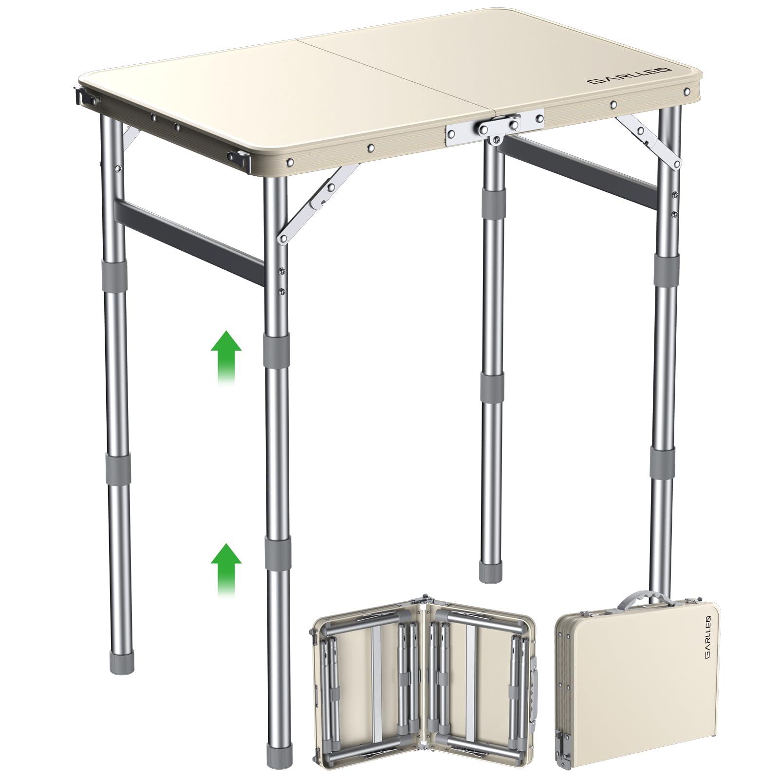 GARLLEN Tavolino da Campeggio Pieghevole,58x40 cm,Piano in Plastica-Bianco | 3 Altezze Regolabili(26/48/70cm),Leggero e Portatile,Tavolo Multifunzionale per Pesca Barbecue Balcone/Portata Massima 30KG