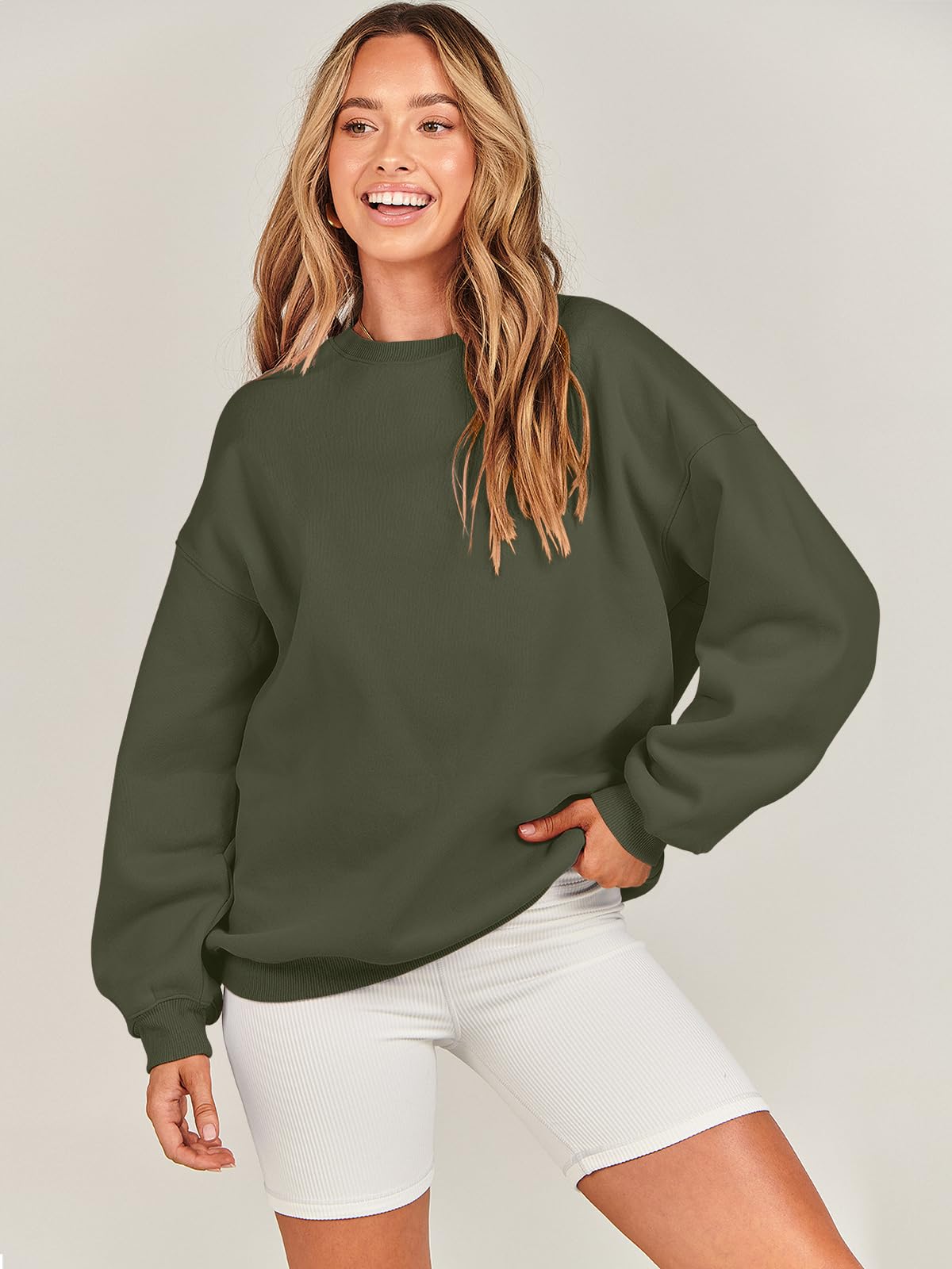 Damskie bluzy oversize bluzy z kapturem polar okrągły dekolt sweter top codzienne jesienne stroje preppy ubrania nastolatki 2024 A1019 światło, Jeden kolor, Army Green_XL