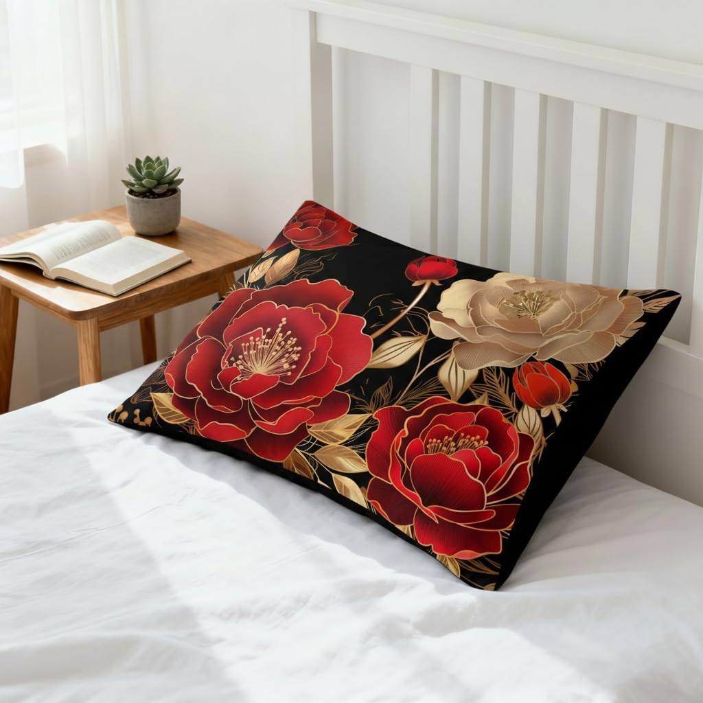 Vintage Floral Comforter Set Queen Size, Black Red Luxurious Penoy Bedding with Golden Leaves for Adult Women, 3Pieces Soft Microfiber Quilted Set with 2 Pillowcase, 90“x90