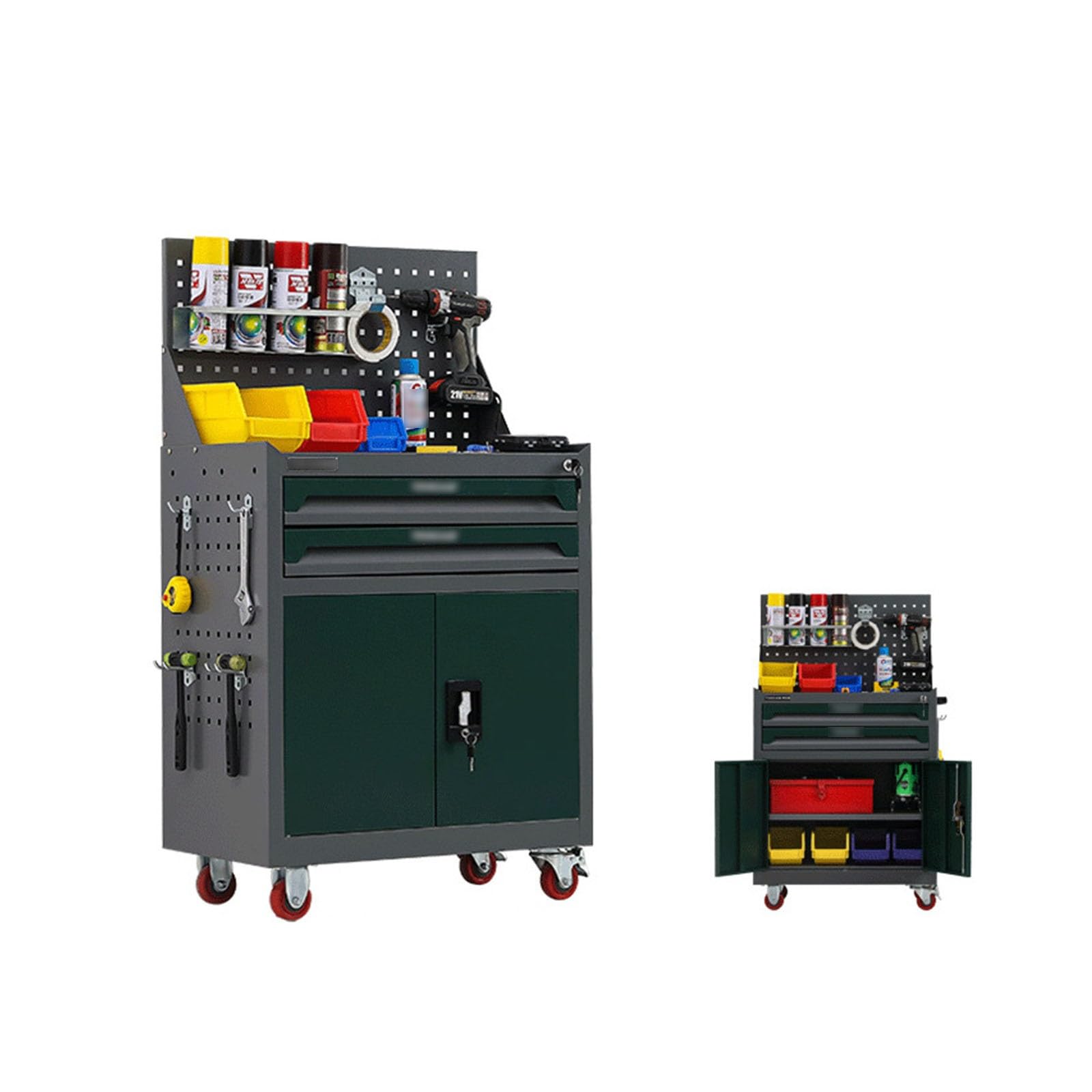 Fzl02068lm Green Tool Case 2-Drawer High Capacity Rolling Tool Chest, Removable Cabinet Storage Box With Wheels And Lock For Mechanical Workshops Storage Solution(Green)