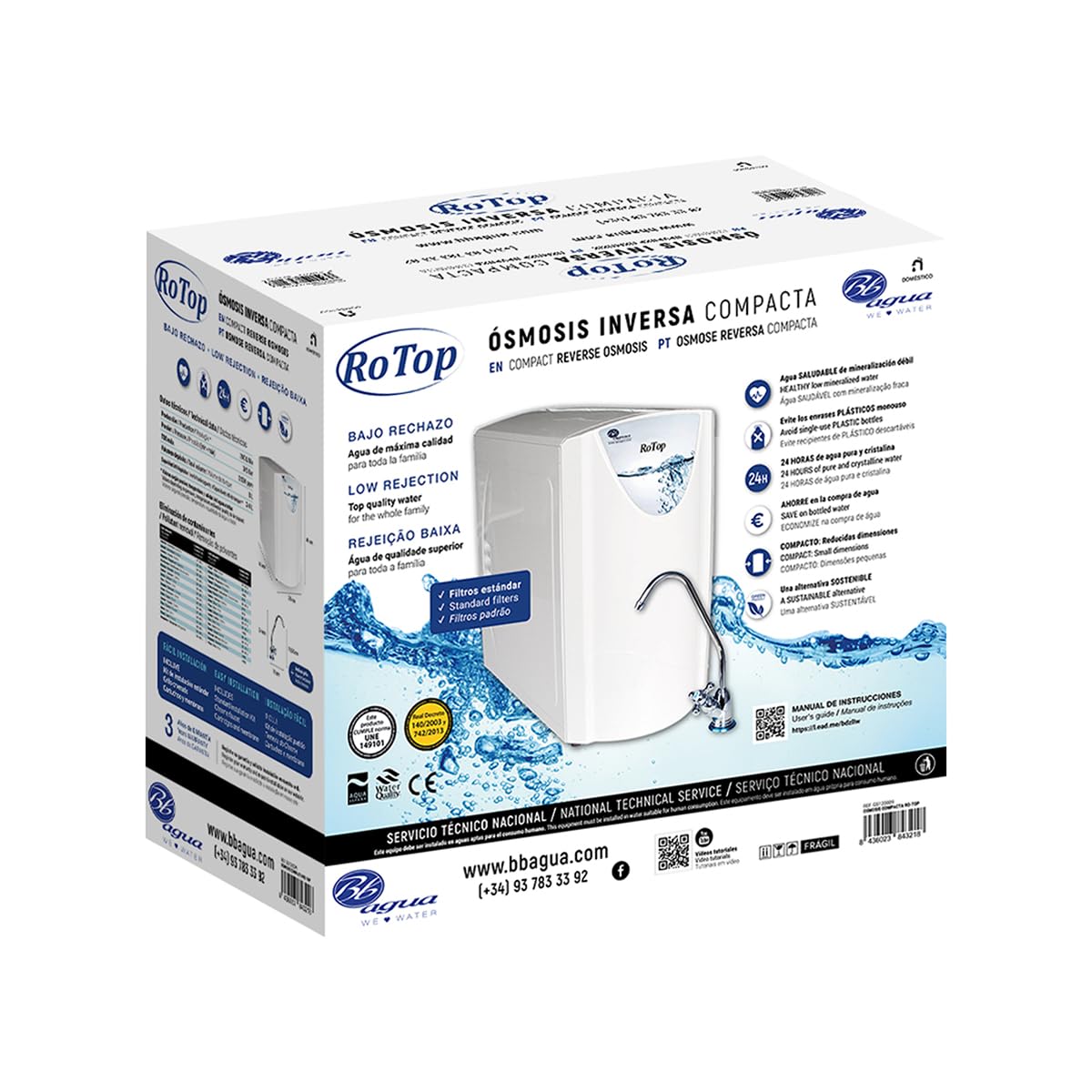 RoTop. Equipo de Osmósis Inversa Doméstica Compacta 5 Etapas con filtros estandar. Fácil Instalación bajo encimera y Sustitución. Bajo rechazo. Bbagua.